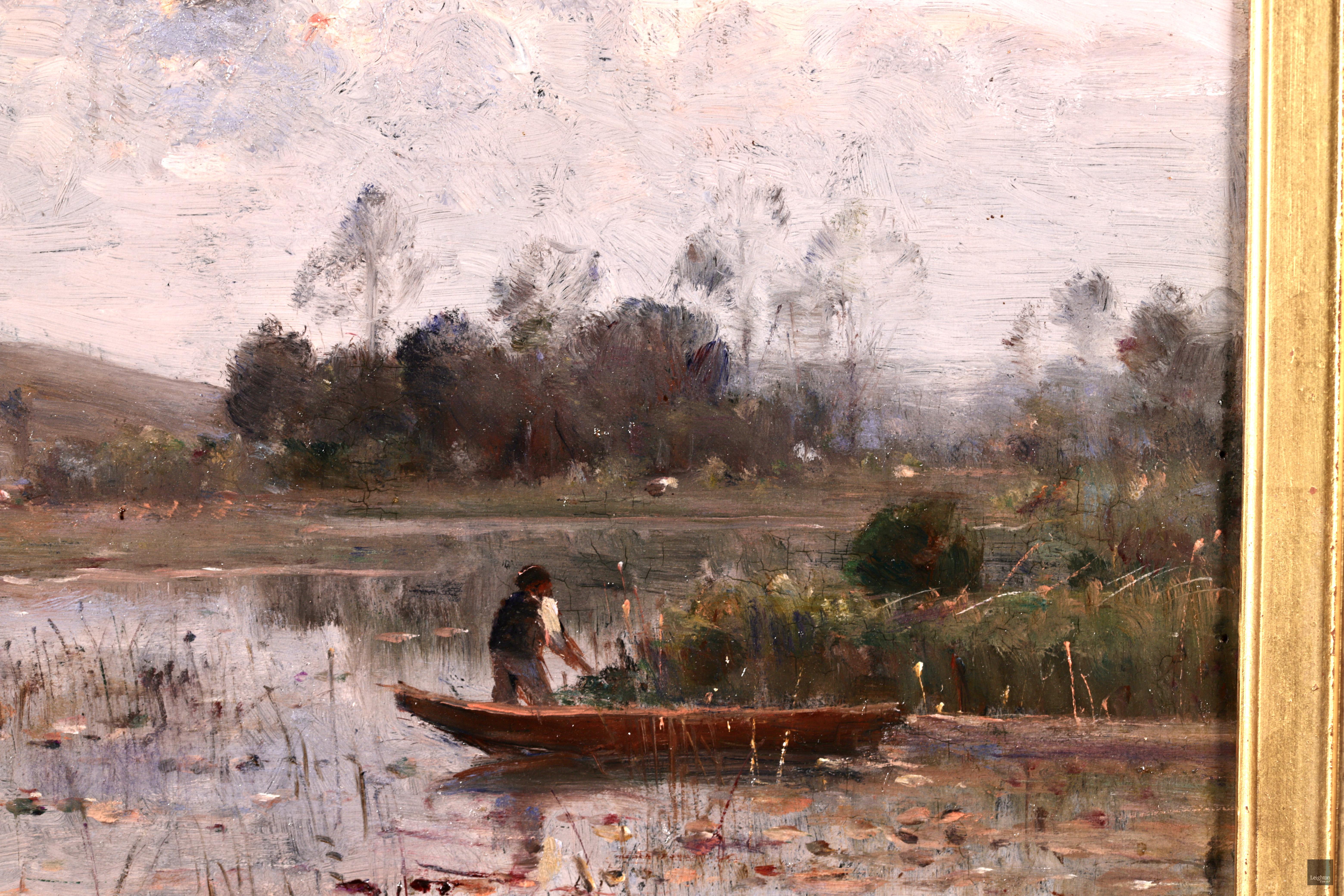 Pecheur sur une riviere - Barbizon Oil, River Landscape by Louis Aime Japy 1