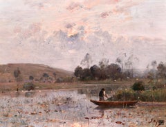 Pecheur sur une riviere - Barbizon Oil, River Landscape by Louis Aime Japy