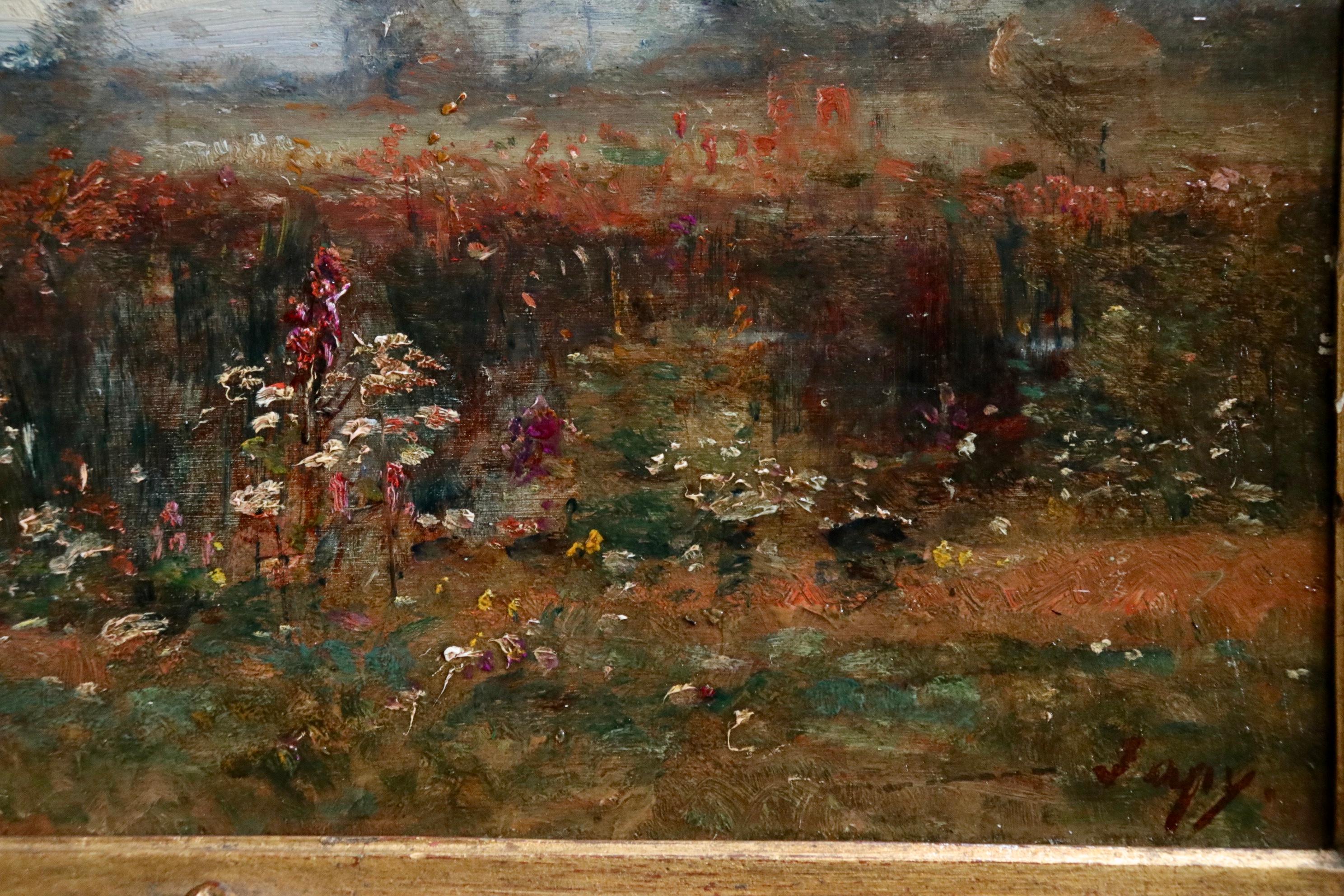 A stunning oil on panel by French Barbizon painter Louis Aime Japy depicting wildflowers by a river in a landscape. The piece is painted in beautiful autumnal colours of red, oranges and browns. 

Signature:
Signed lower right. 

Dimensions:
Framed: