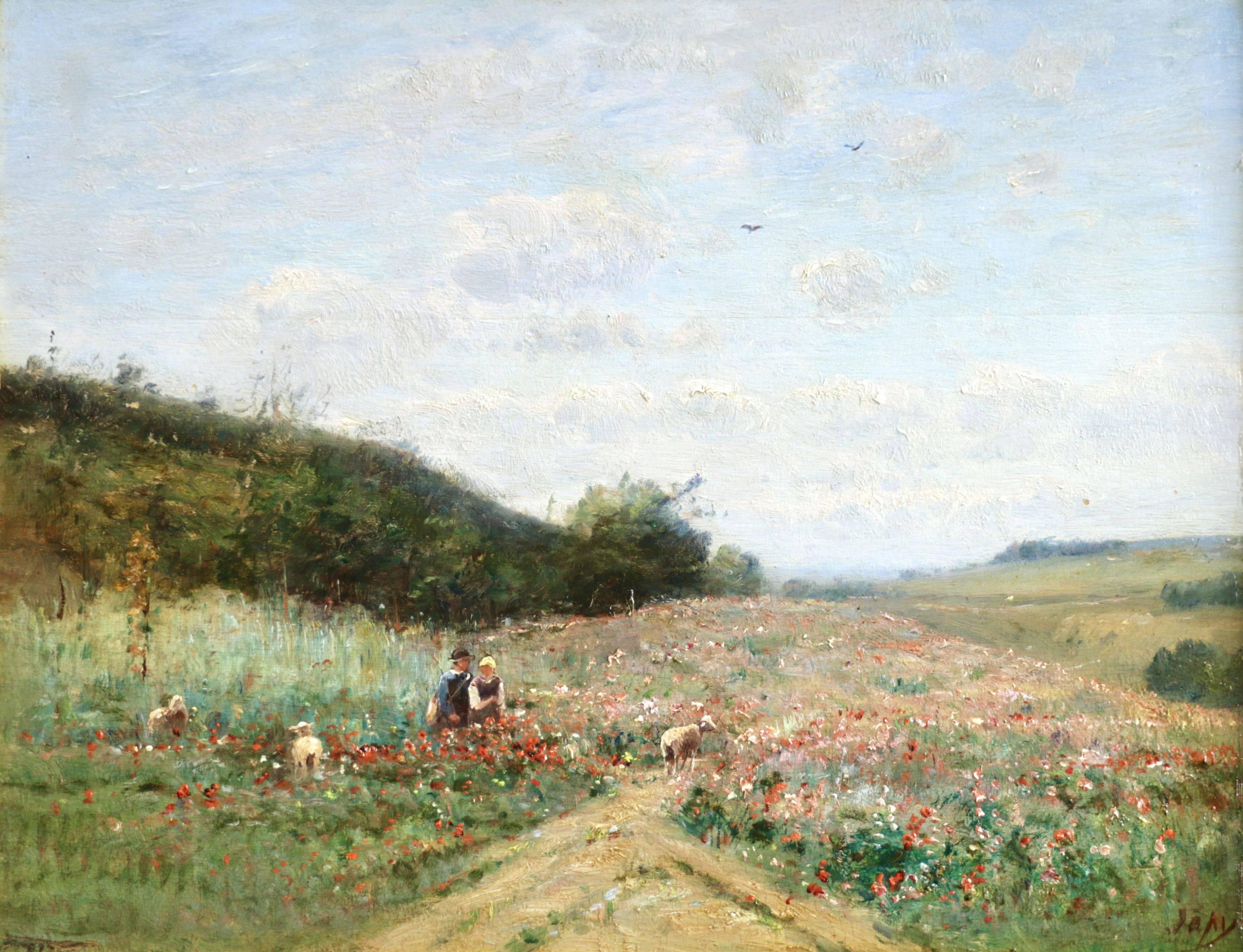 Louis Aimé Japy Landscape Painting - Young Shepherds - Barbizon Oil, Figures in Summer Landscape by Louis Aime Japy