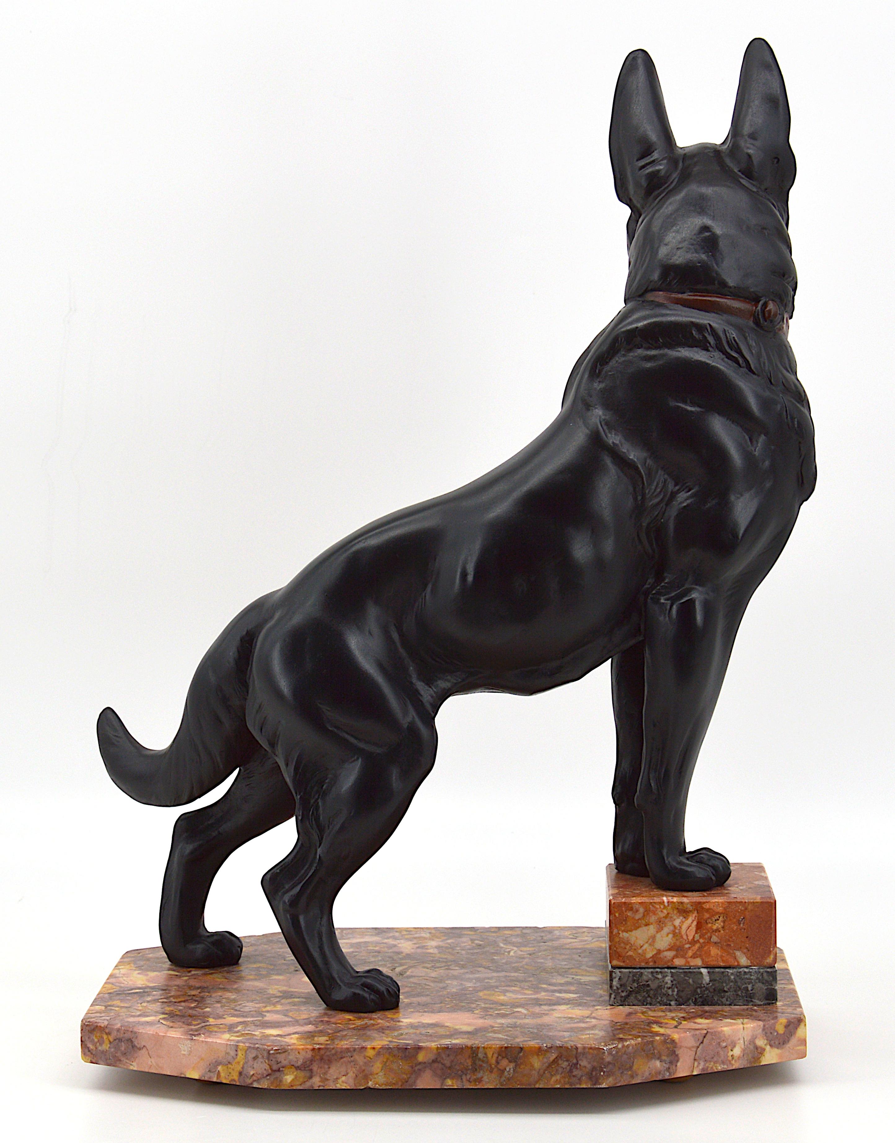 Huge German shepherd sculpture by Louis-Albert Carvin, France, circa 1930. Spelter and marble. Spelter dog. Marble base with stairs
Measures: Height 16