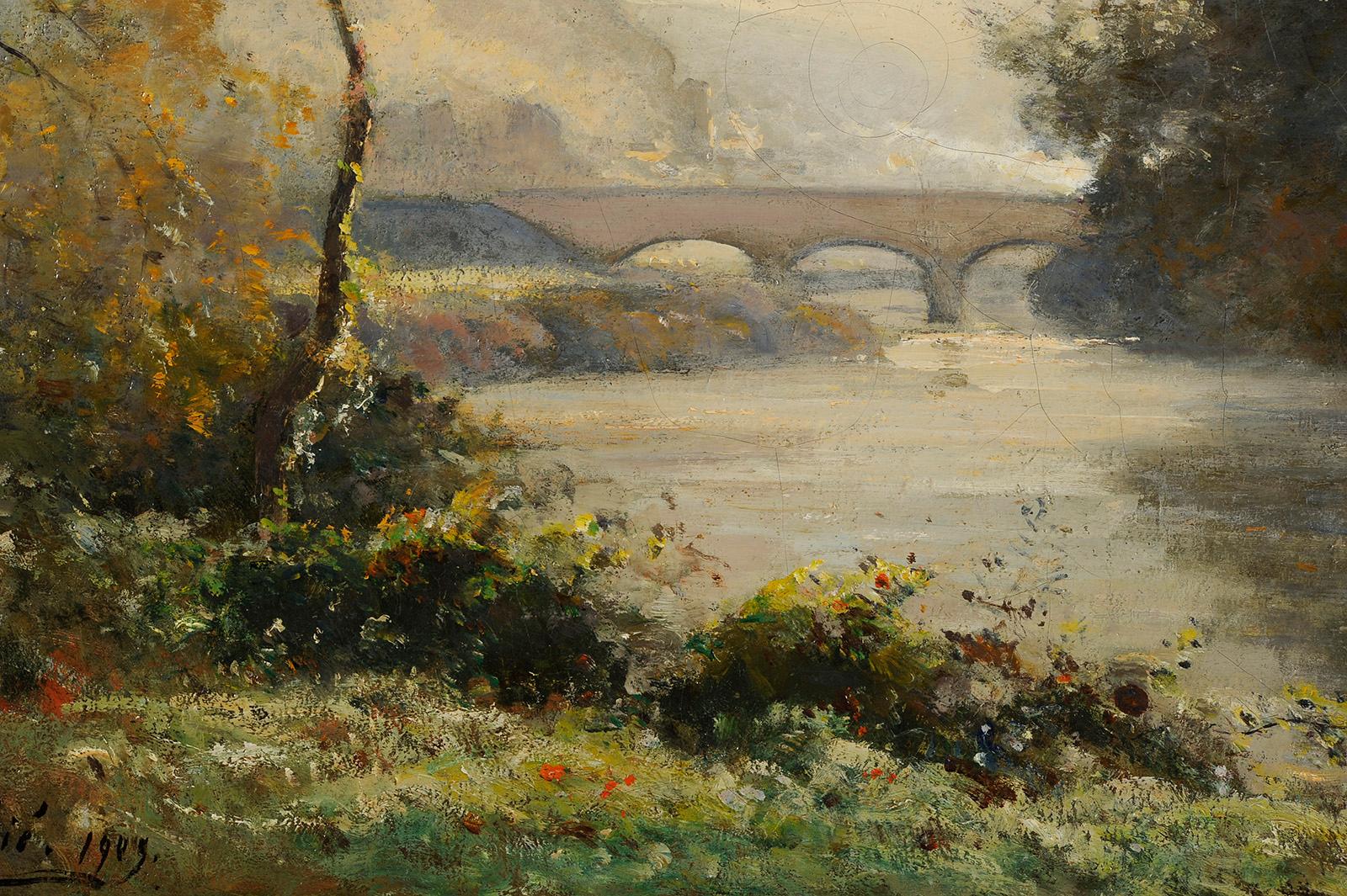 Louis Cabié (1853-1939) - The bridge at Les Eyzies - Dordogne - Beige Landscape Painting by Louis-Alexandre Cabié