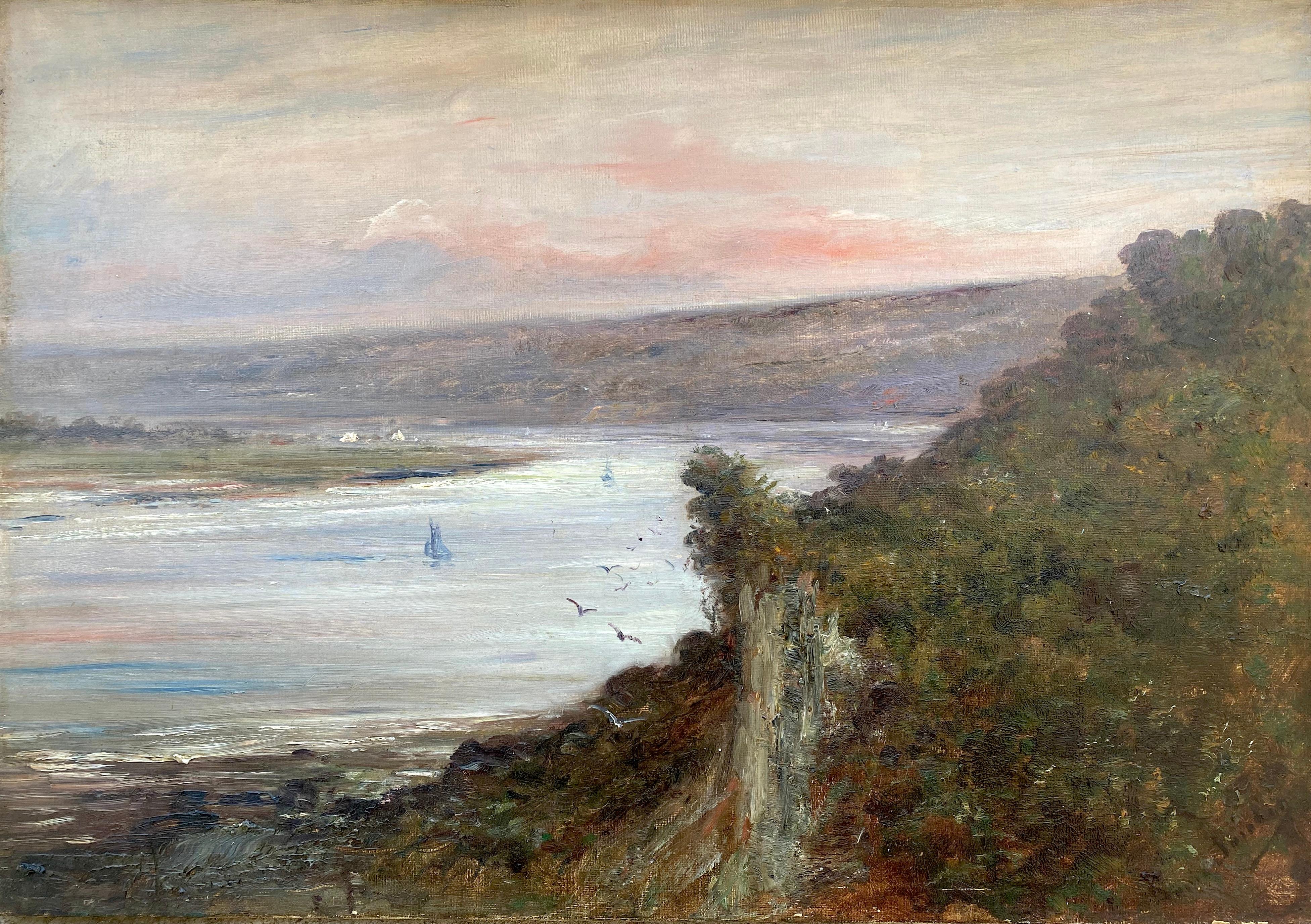 Seine bei Sonnenaufgang, rosa Wolken: Impressionistische blaue und grüne Flusslandschaft  – Painting von Louis Alexis Saraben