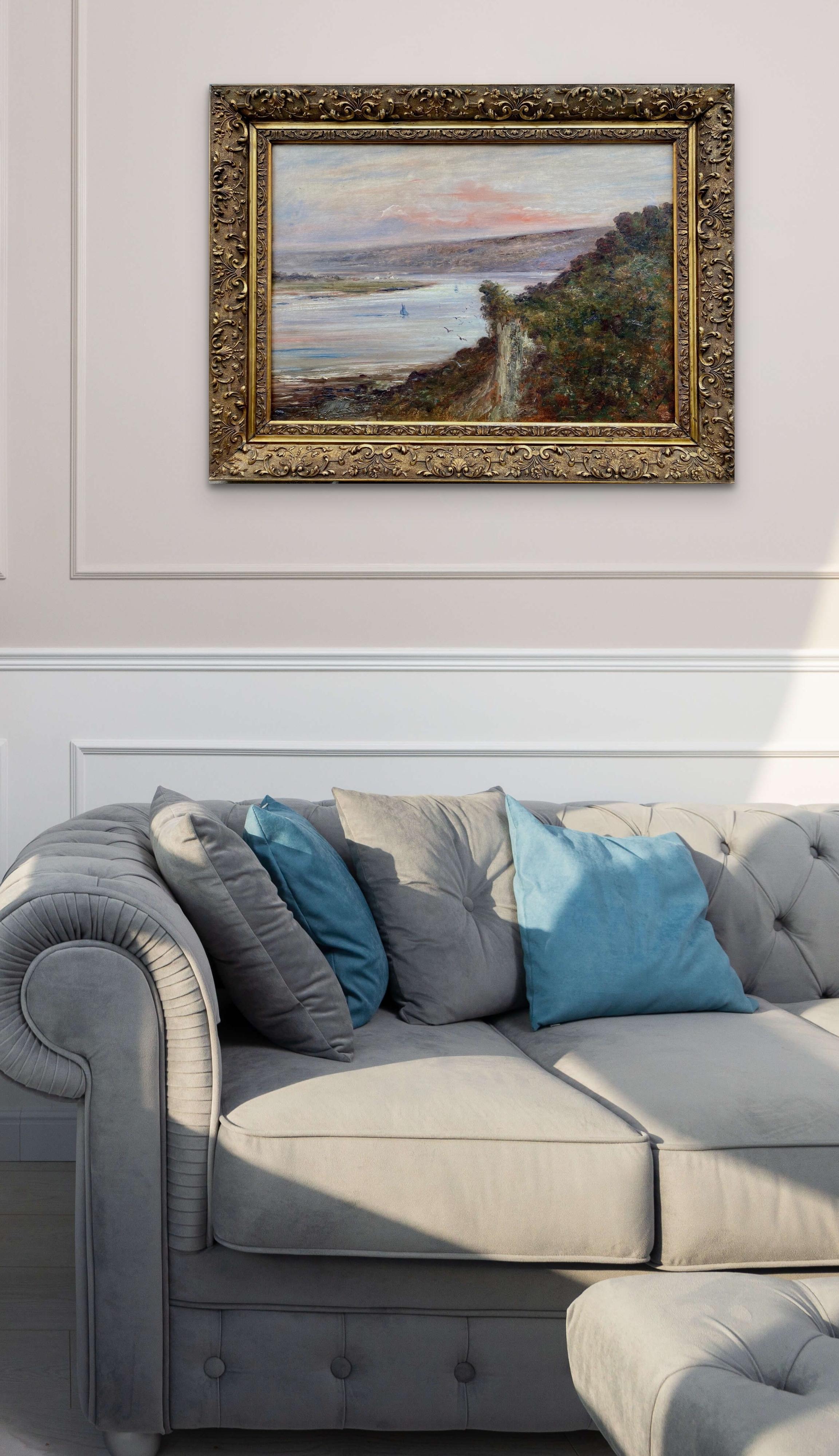 Seine bei Sonnenaufgang, rosa Wolken: Impressionistische blaue und grüne Flusslandschaft  (Impressionismus), Painting, von Louis Alexis Saraben
