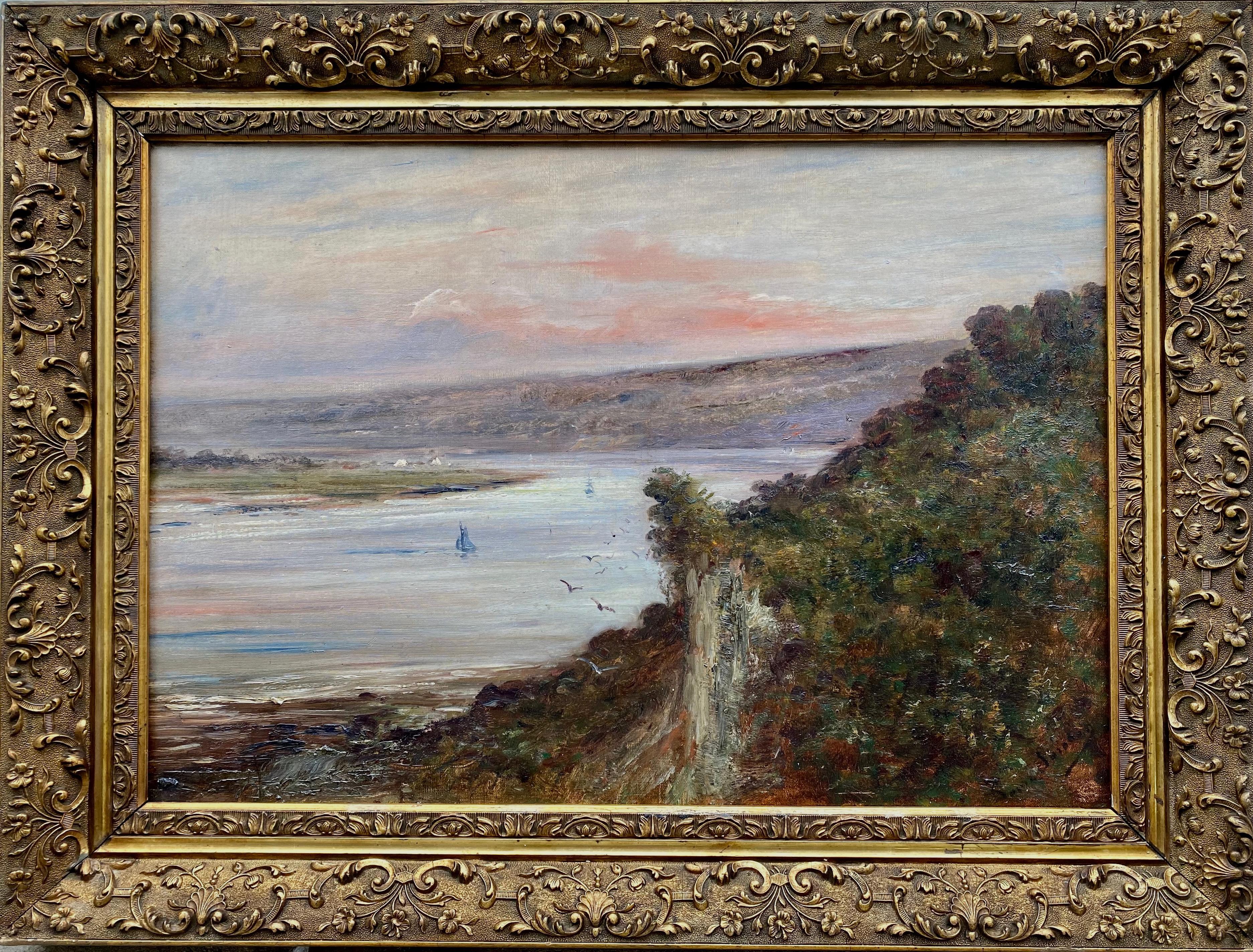 A fresh and atmospheric painting depicting the vast River Seine seen from the cliffs near its estuary in coastal Normandy. It is incredibly modern for its time: if the definition of Impressionism is 
