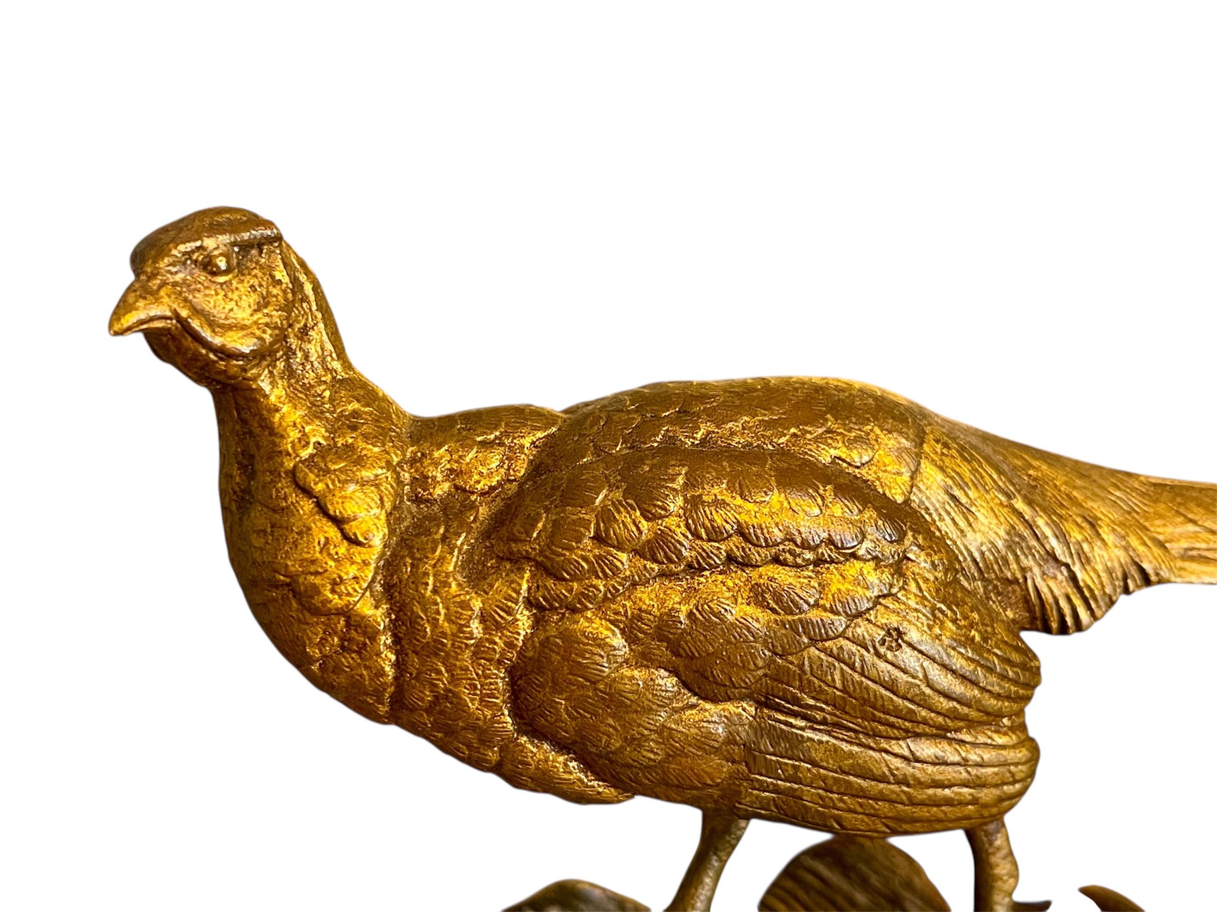 Bronze sculpture by Louis Alfred BARYE, known as Barye fils, representing a pheasant. Bronze with brown/gold patina. Good condition. 
 
 Dimensions
 Height 11cm
 Lenght 17cm
 Depth 6cm