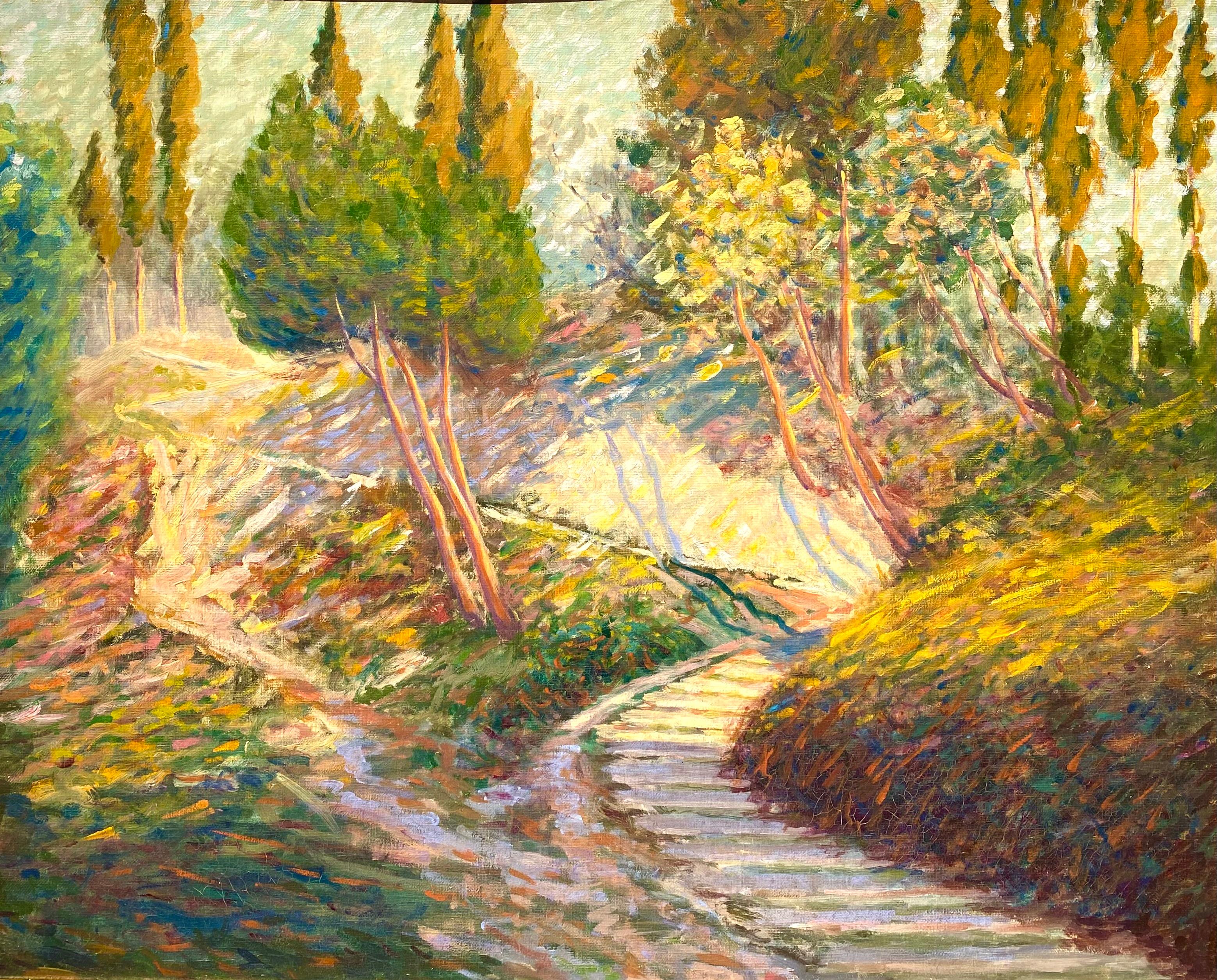 Splendido dipinto di paesaggio impressionista attribuito alla mano di Alphonse Maureau. Senza segno. Tela rilegata, barelle originali. Le condizioni sono molto buone.  Ottimo uso del colore e dei riflessi. Sembra essere stato dipinto in Francia.