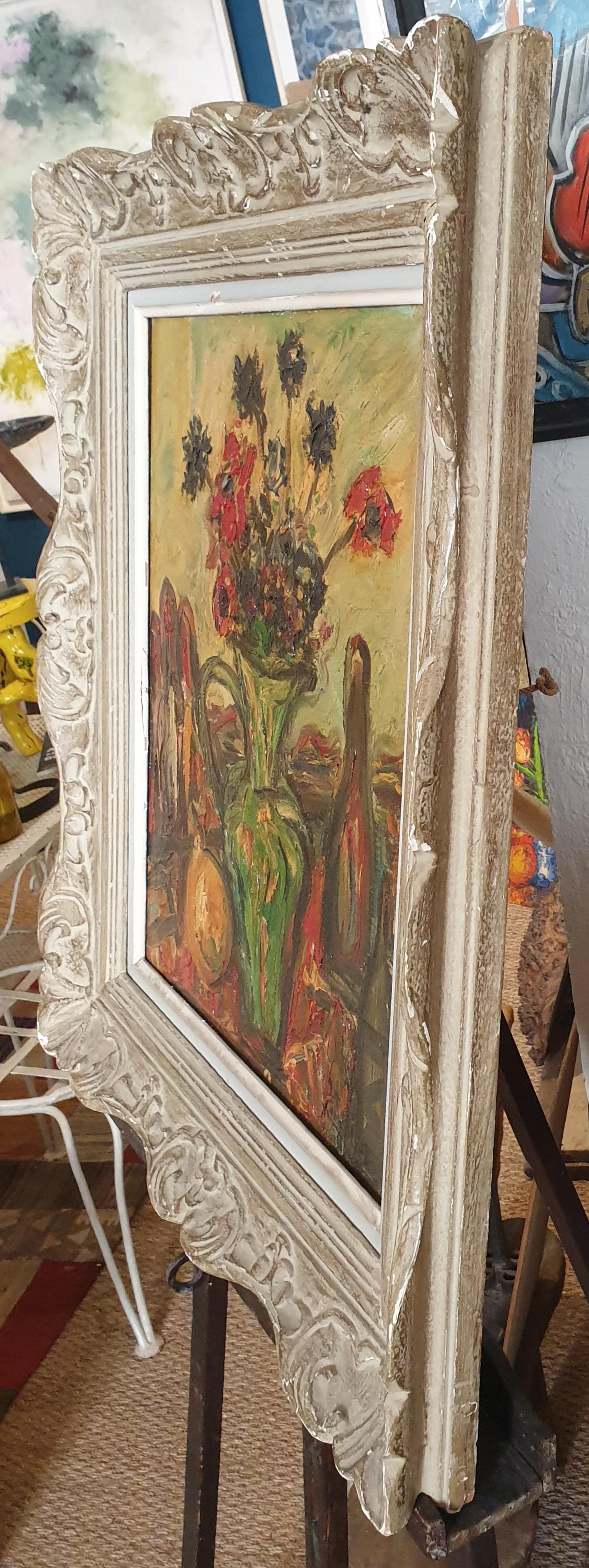 Huile sur panneau post-moderne française du milieu du siècle. 