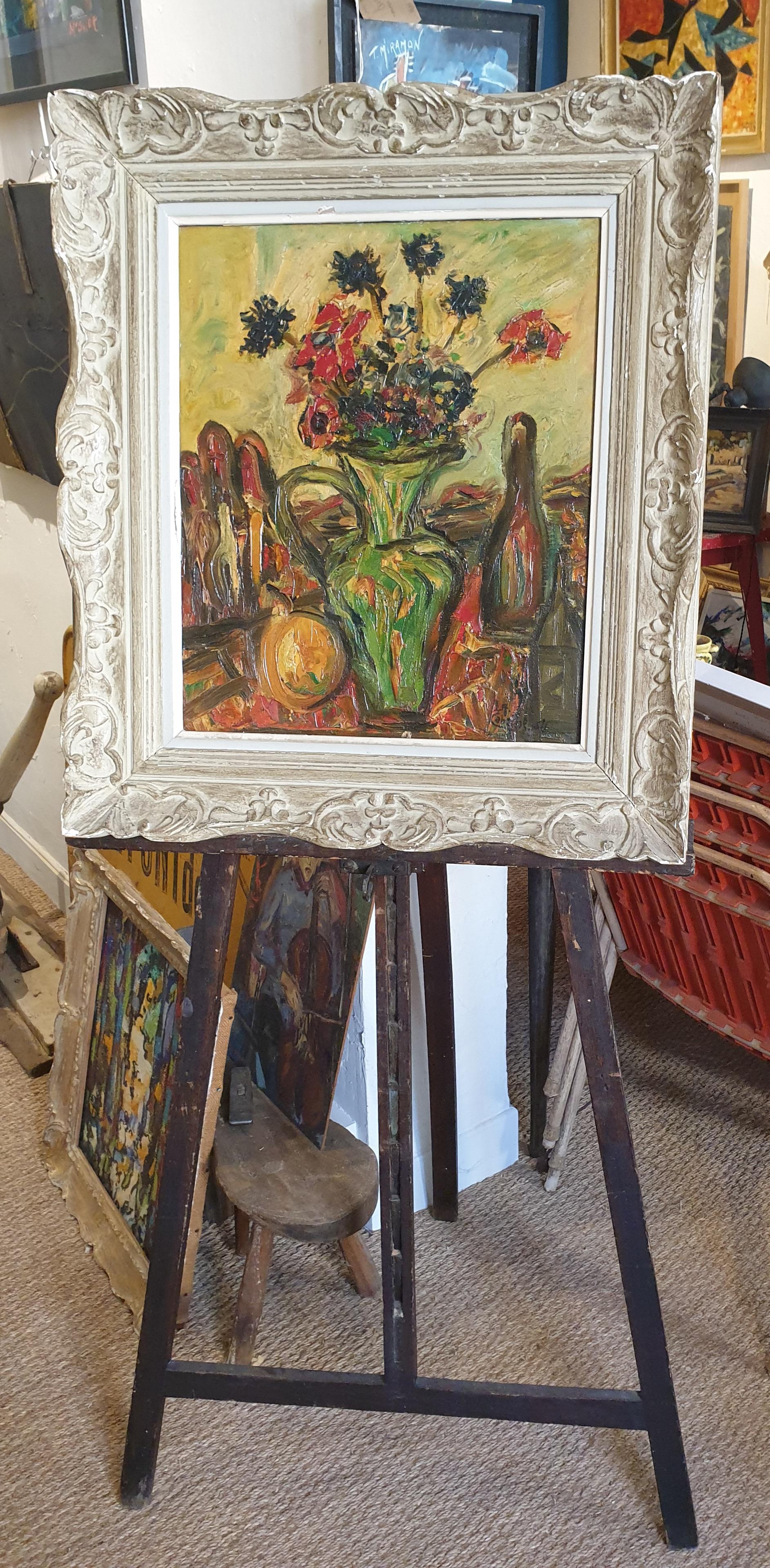 Huile sur panneau post-moderne française du milieu du siècle. 