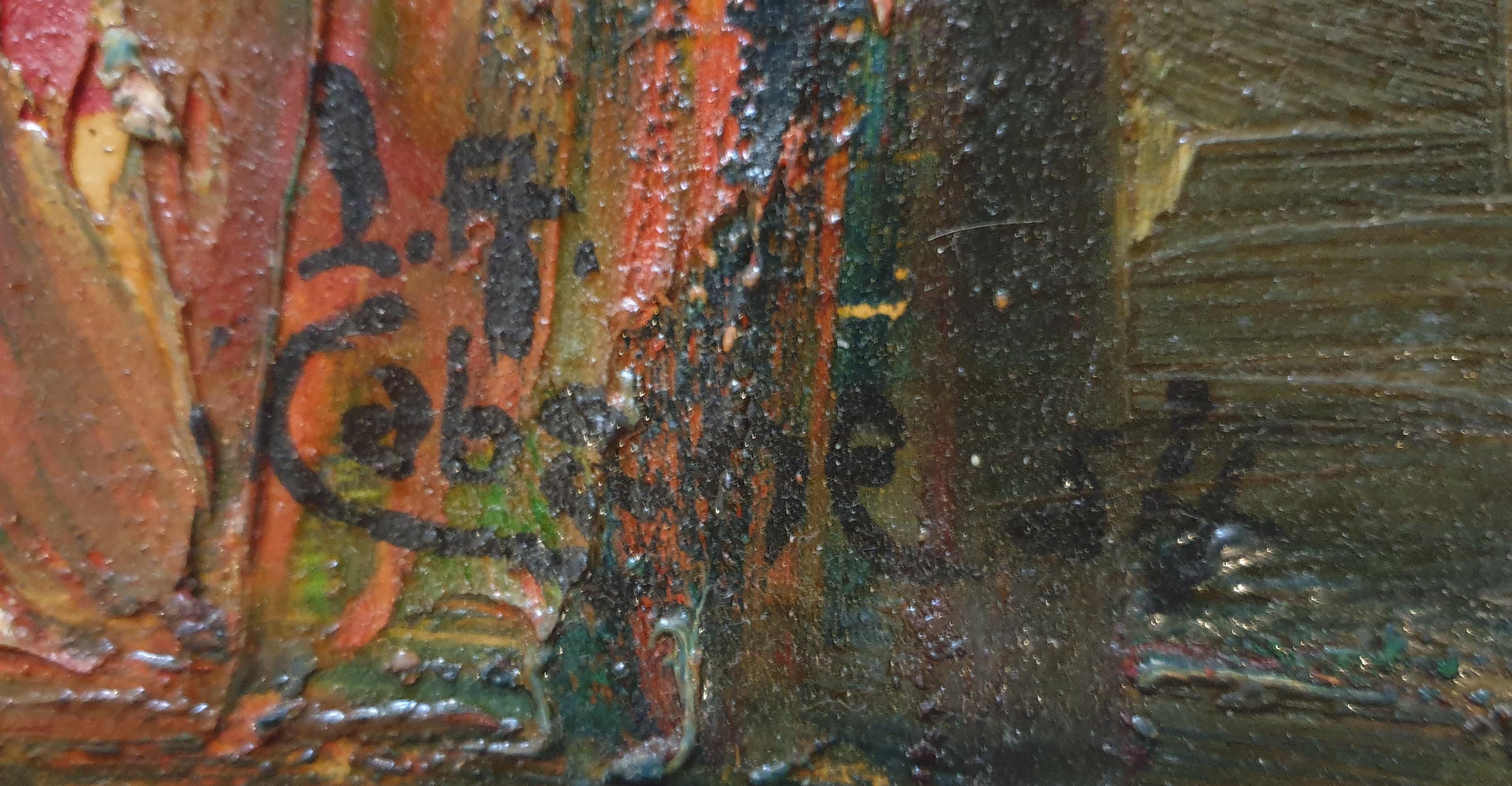Huile sur panneau post-moderne française du milieu du siècle. 