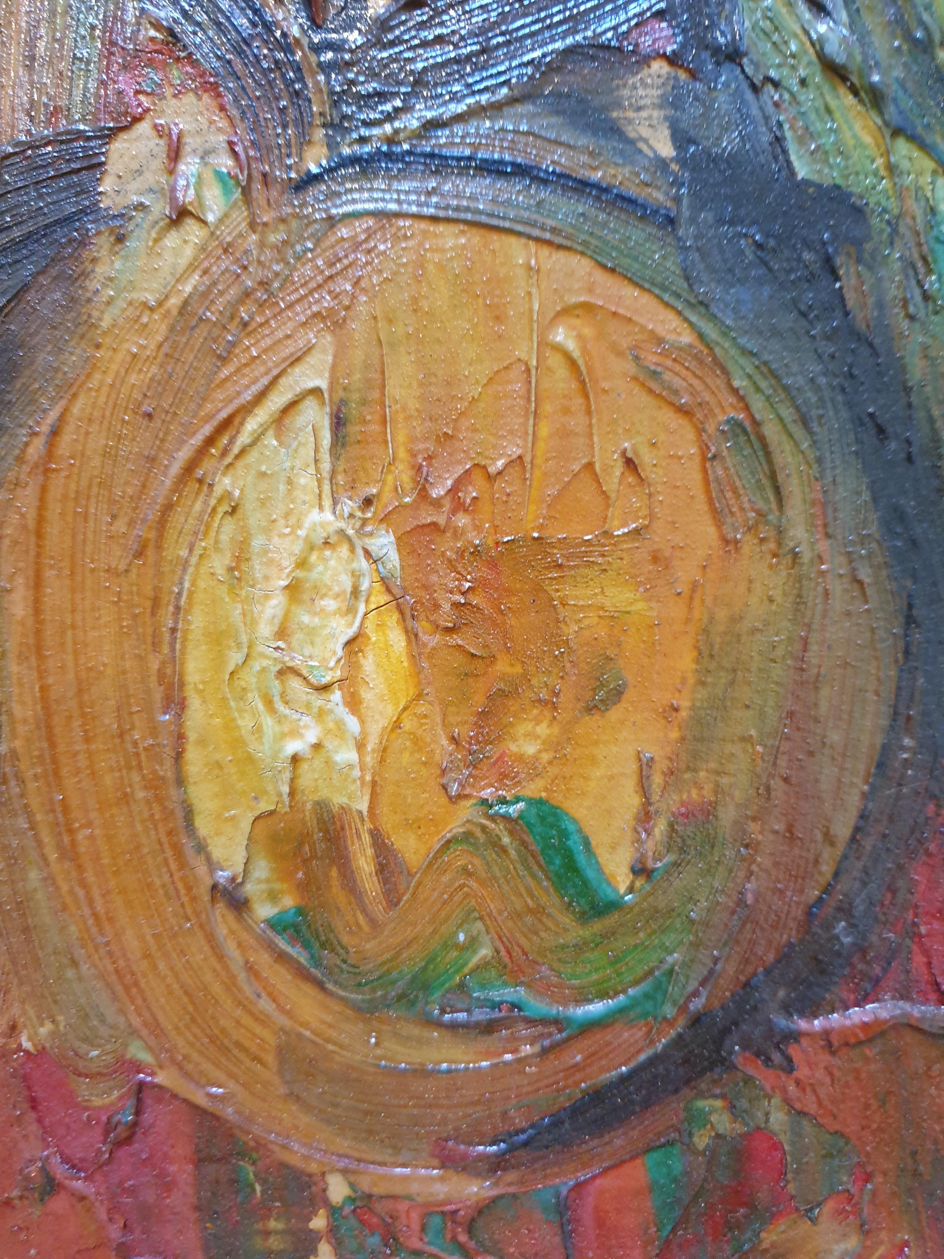 Huile sur panneau post-moderne française du milieu du siècle. 