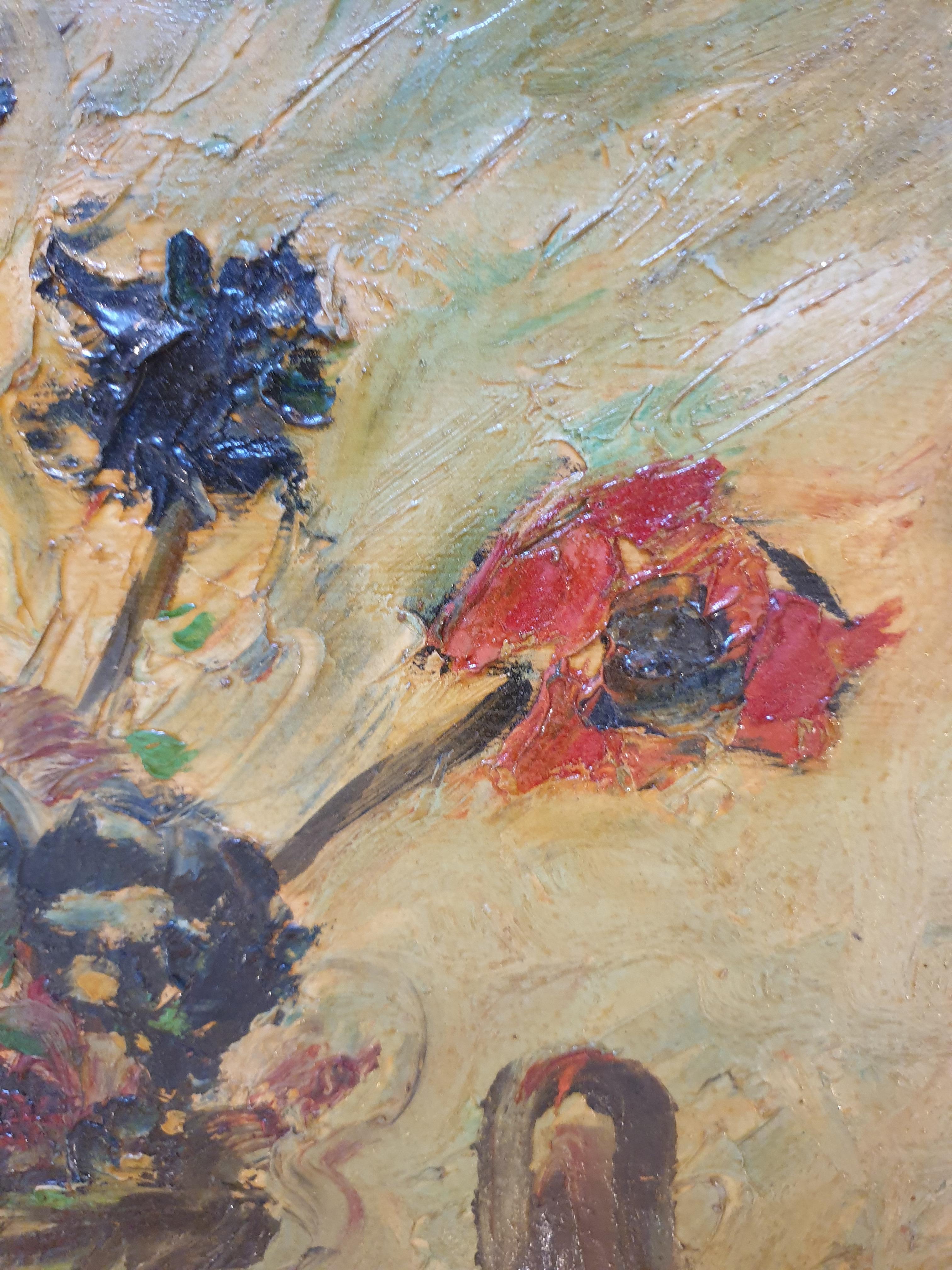 Huile sur panneau post-moderne française du milieu du siècle. 