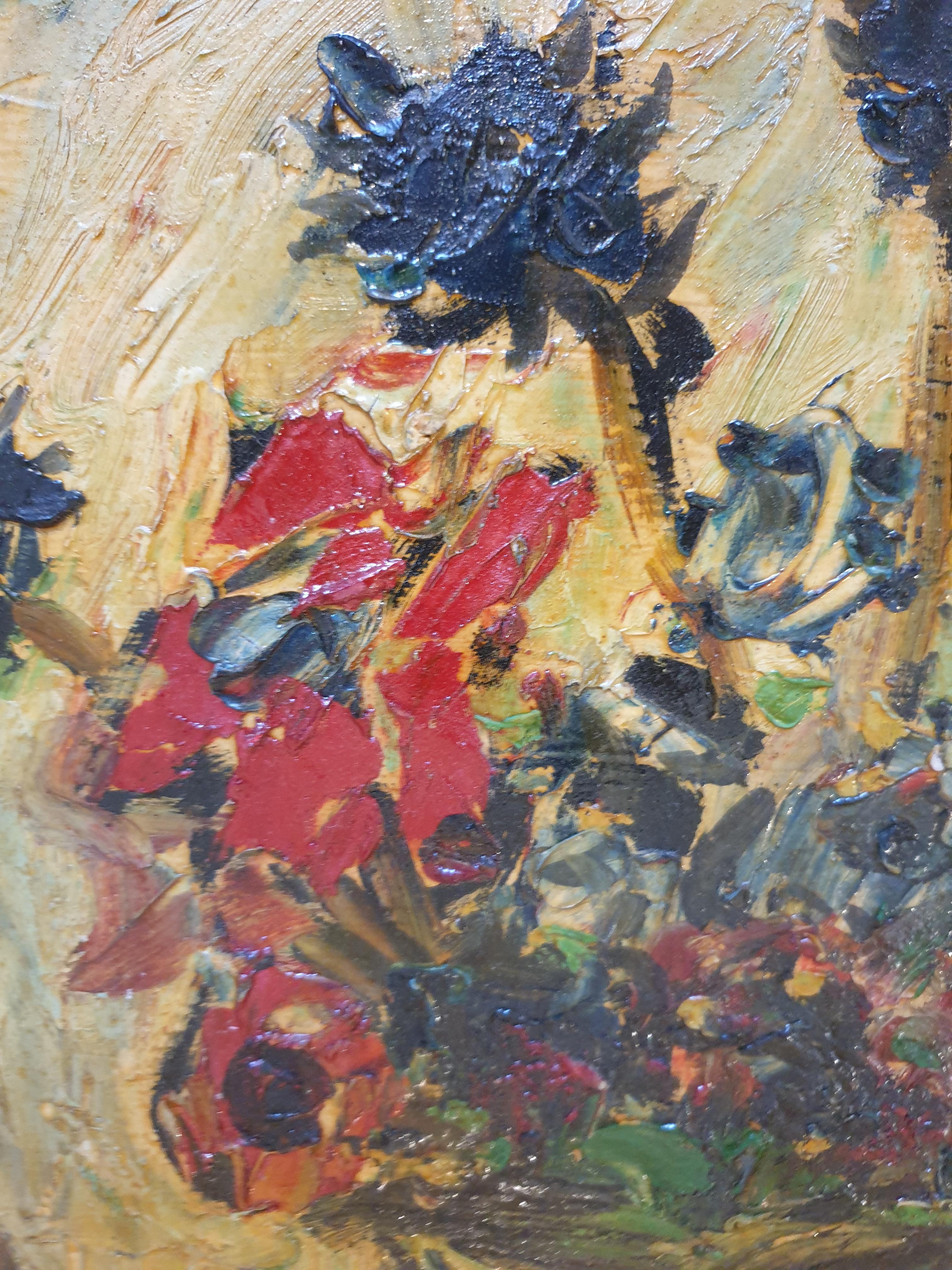 Huile sur panneau post-moderne française du milieu du siècle. 
