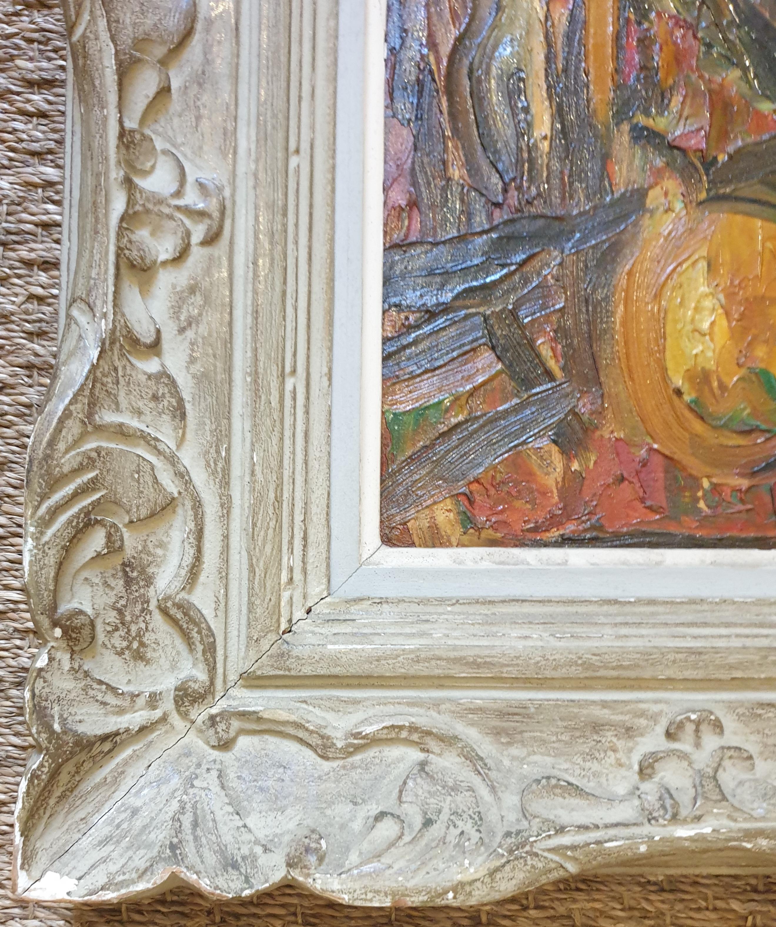 Huile sur panneau post-moderne française du milieu du siècle. 