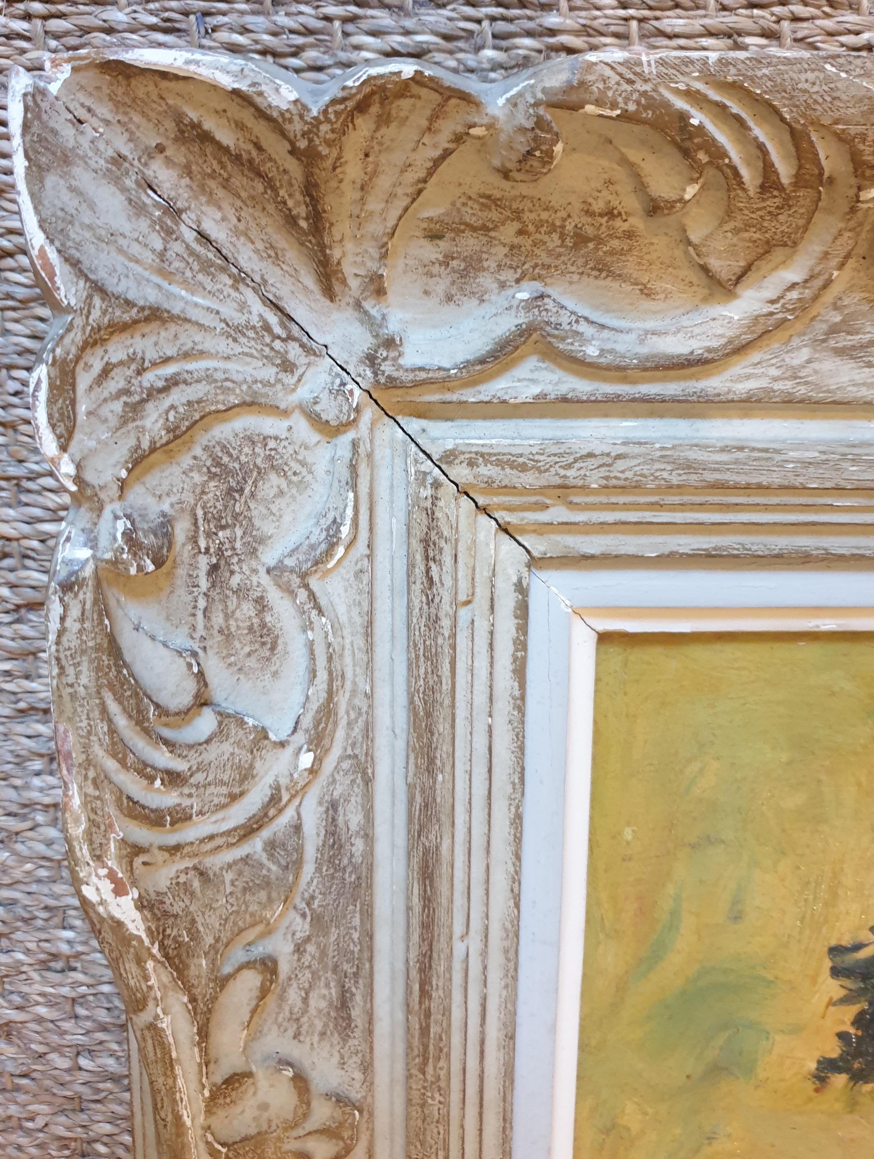 Huile sur panneau post-moderne française du milieu du siècle. 