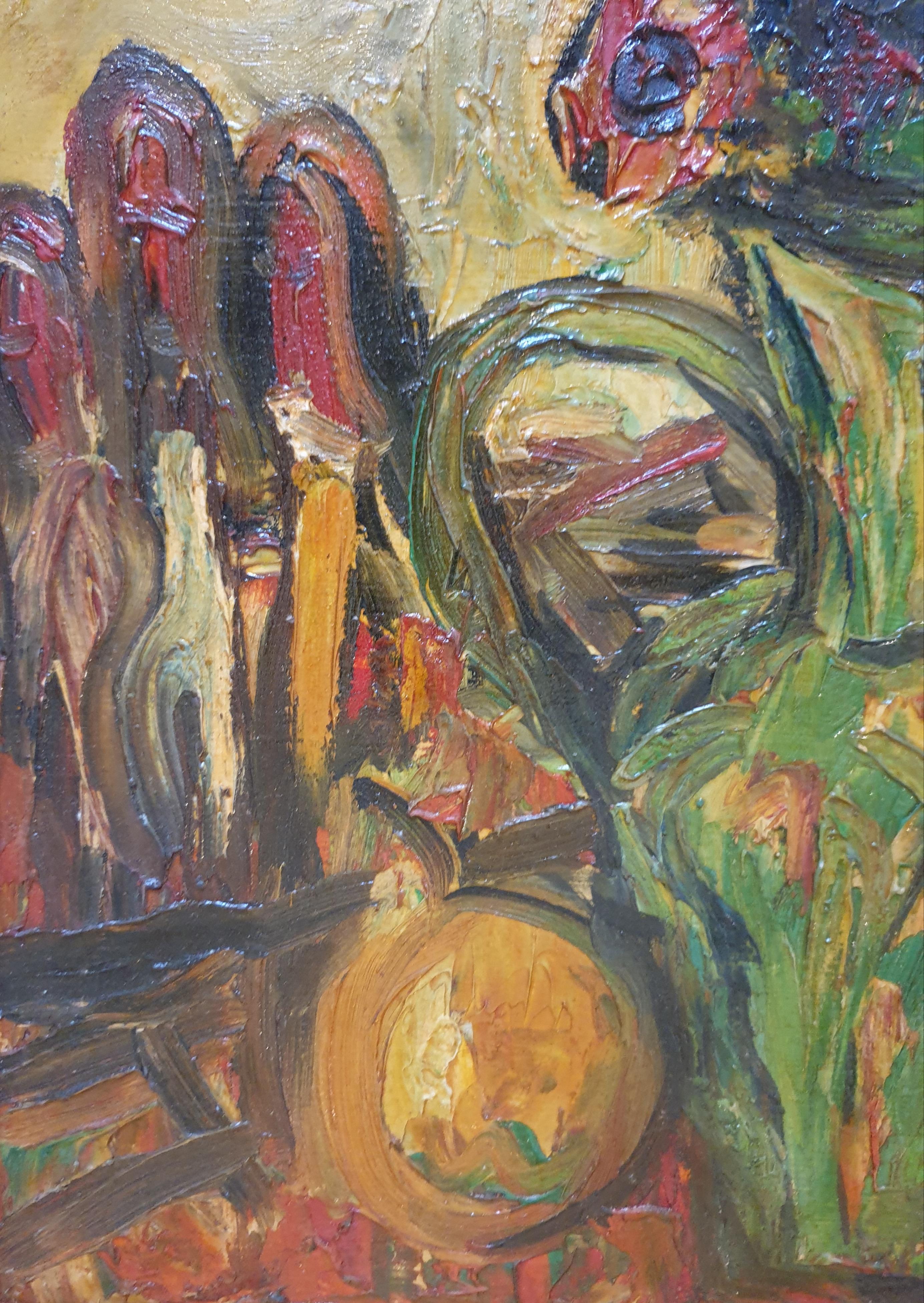 Huile sur panneau post-moderne française du milieu du siècle. 