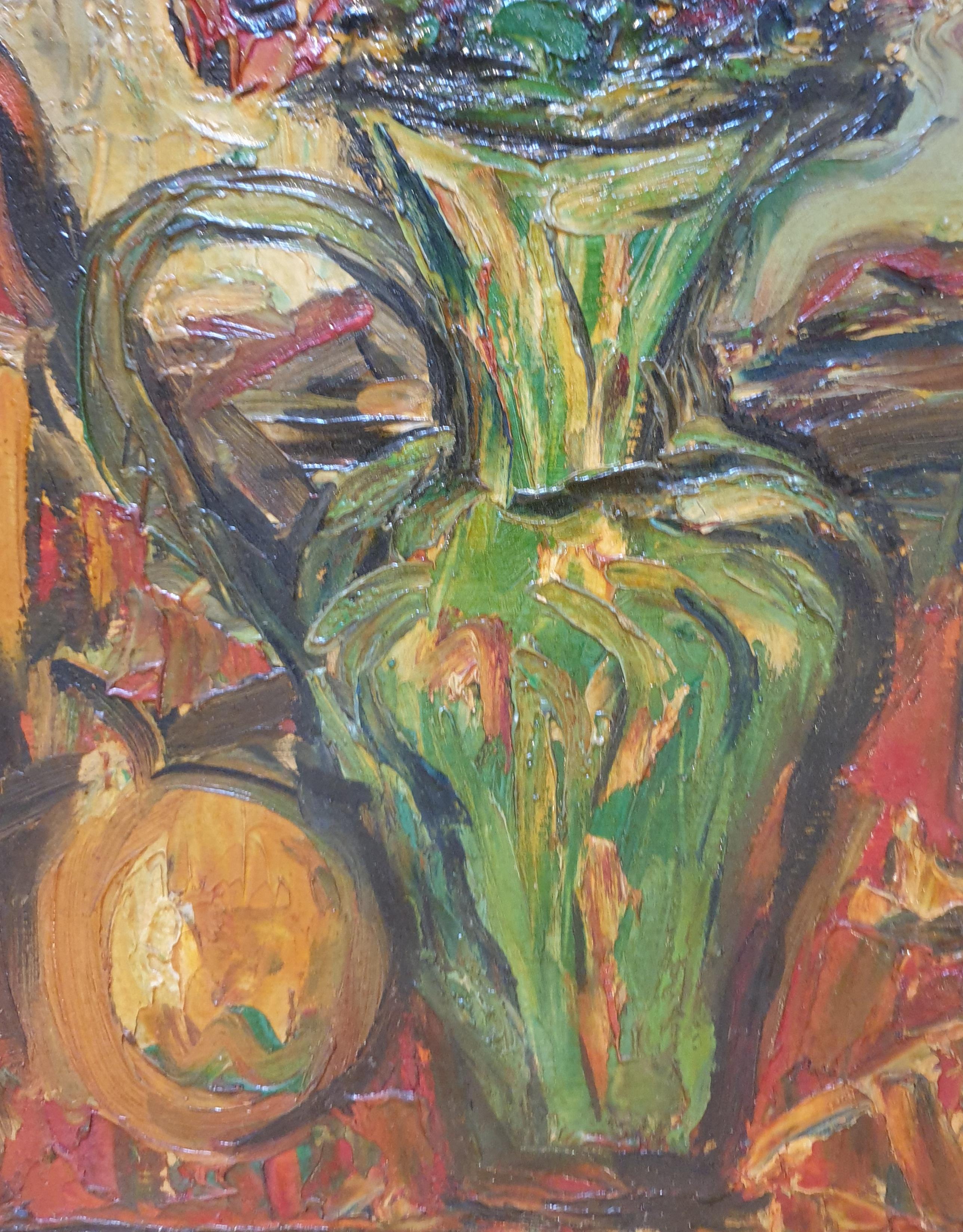 Huile sur panneau post-moderne française du milieu du siècle. 