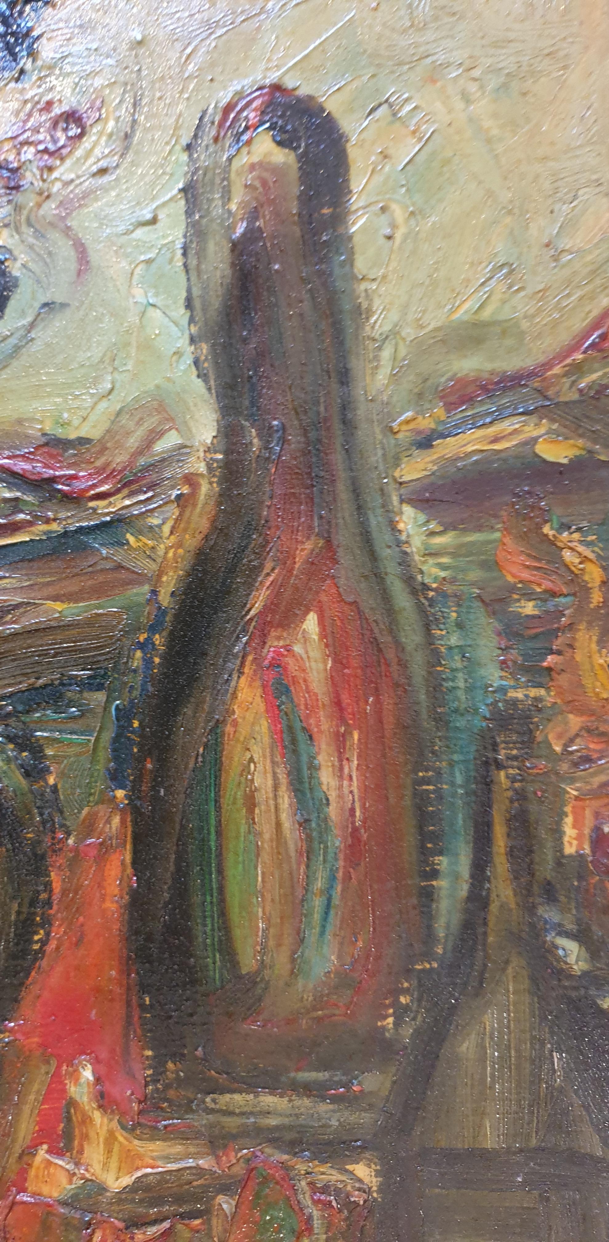 Huile sur panneau post-moderne française du milieu du siècle. 