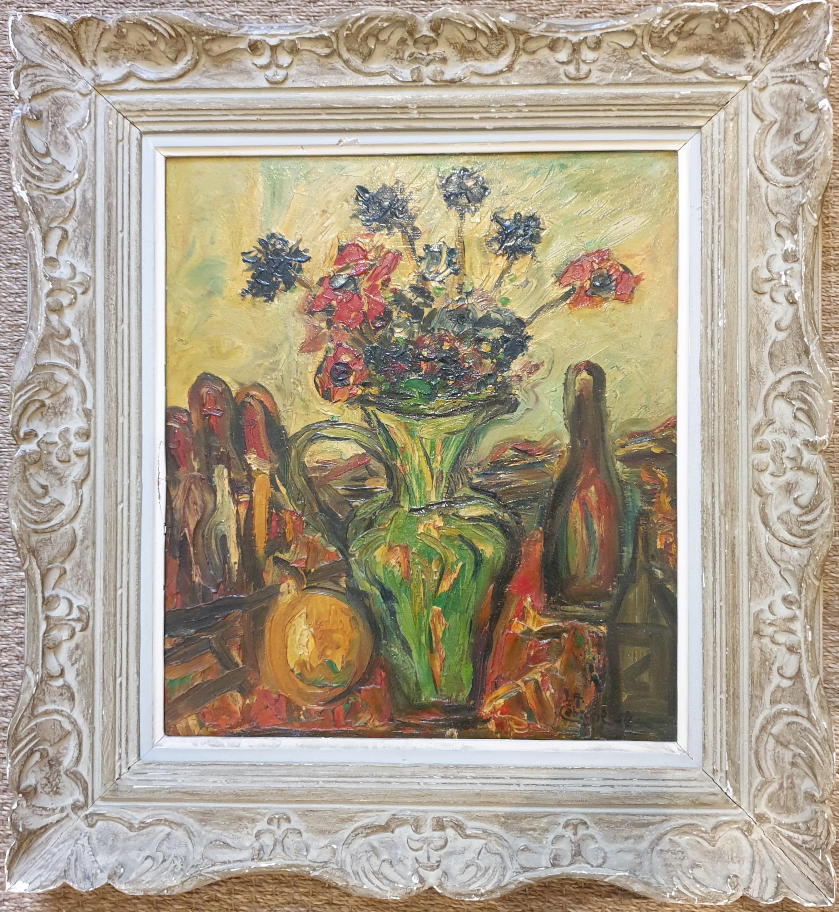 Huile sur panneau post-moderne française du milieu du siècle. 