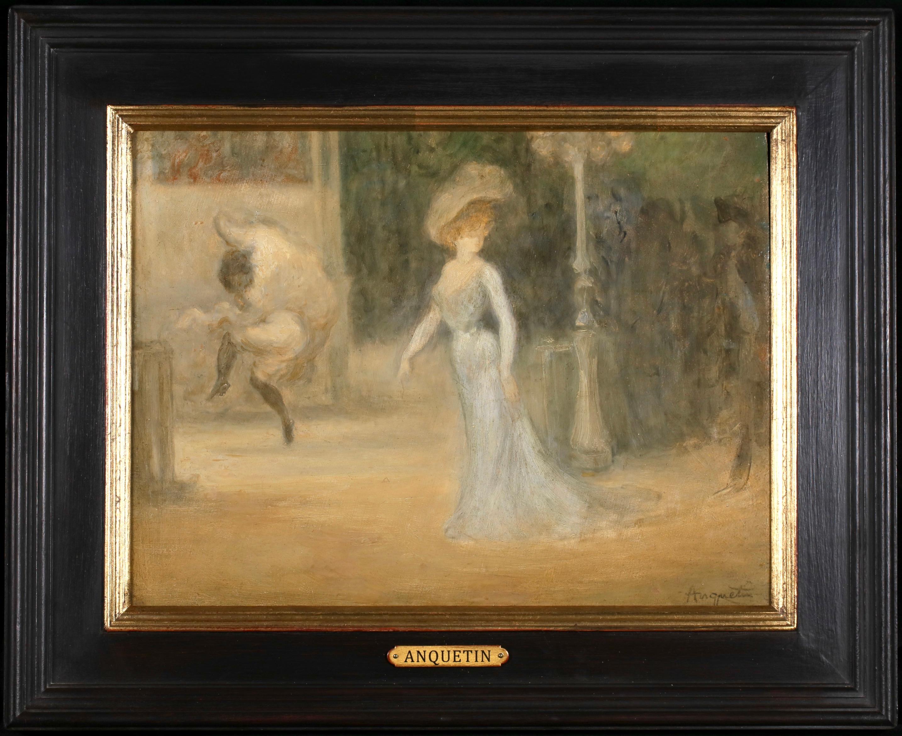Signed oil on panel circa 1895 by French modernist painter Louis Anquetin. This beautiful piece depicts an elegant lady dressed in a blue dress and hat walking in the Grand Boulevards in Paris. 

Signature:
Signed with cachet lower