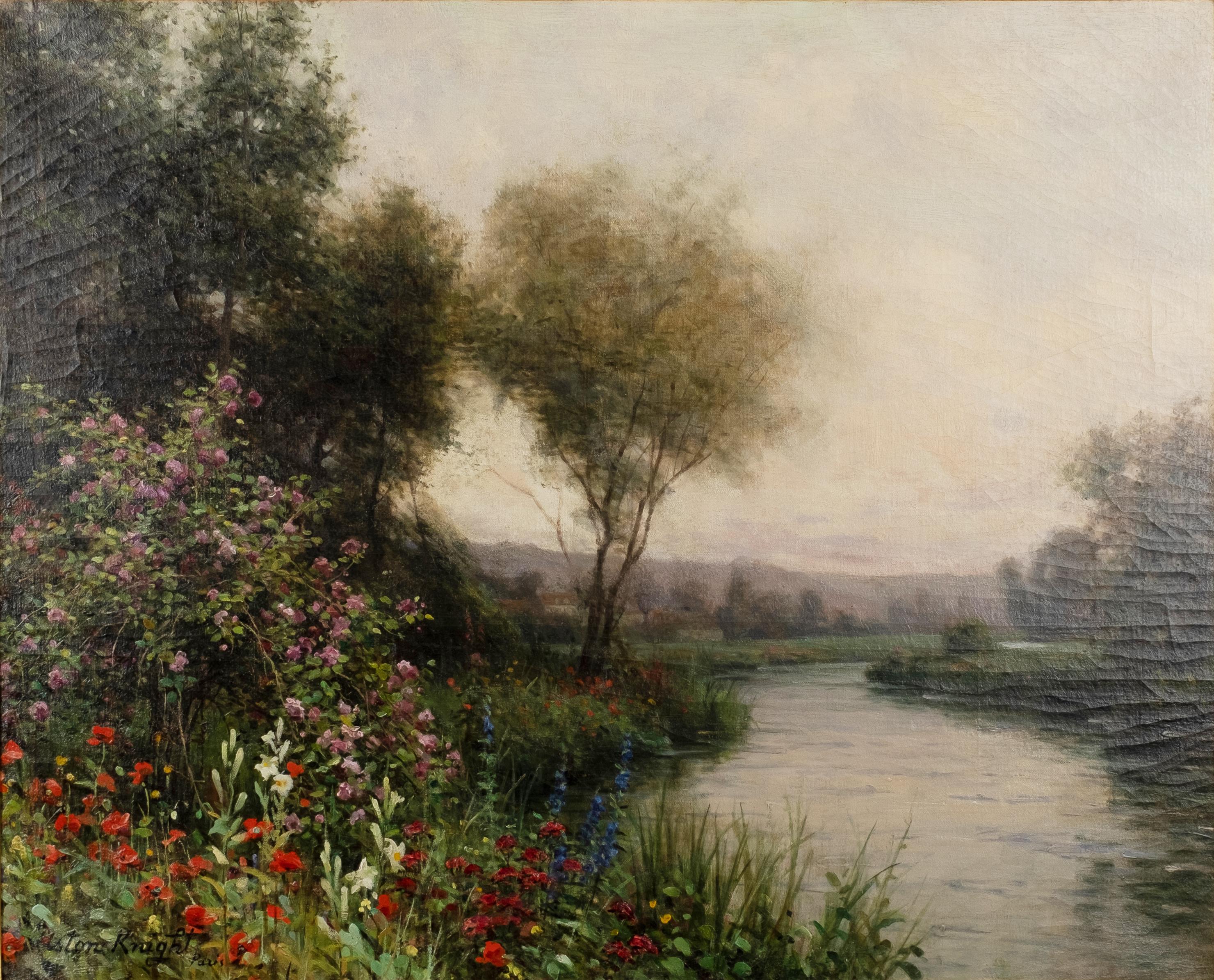 Flowers on the Riverbank landscape, France - Realist Painting by Louis Aston Knight