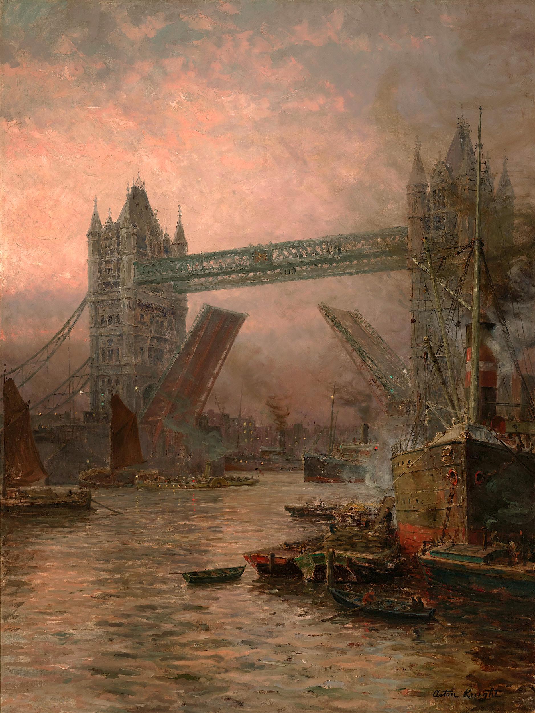 Louis Aston Knight 1873-1948  American

The Giant Cities–London

Signed "Aston Knight" (lower right)
Oil on canvas

This monumental landscape painting of London's famed Tower Bridge was created by Parisian-born American artist, Louis Aston Knight.