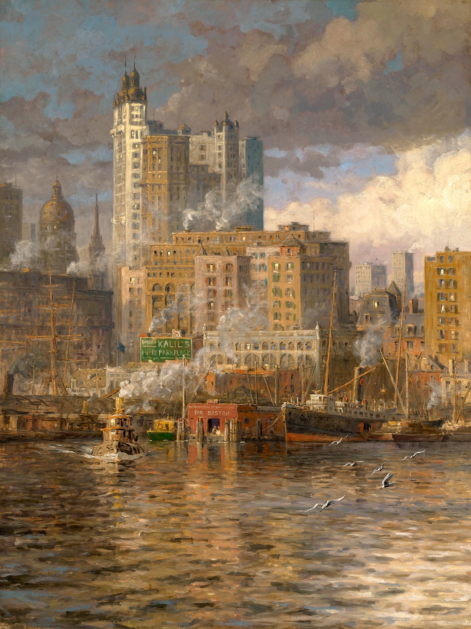 Louis Aston Knight  1873-1948  American 

The Giant Cities–New York

Signed "Aston Knight" (lower right)
Oil on canvas

This monumental landscape painting of New York’s North River was created by Parisian-born American artist, Louis Aston Knight.