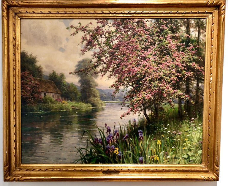 Landscape Impressionist Wisteria And Iris Along A Stream Original Oil Framed
