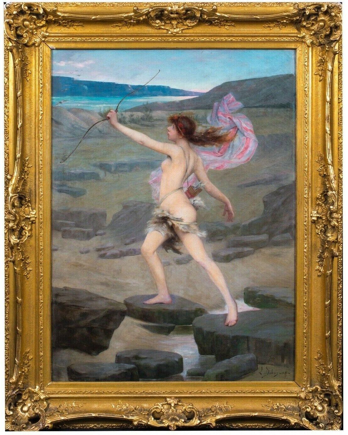 Portrait Of A Nude Girl as Huntress Diana, dated 1888 - Painting by Louis Auguste DUBOIS 