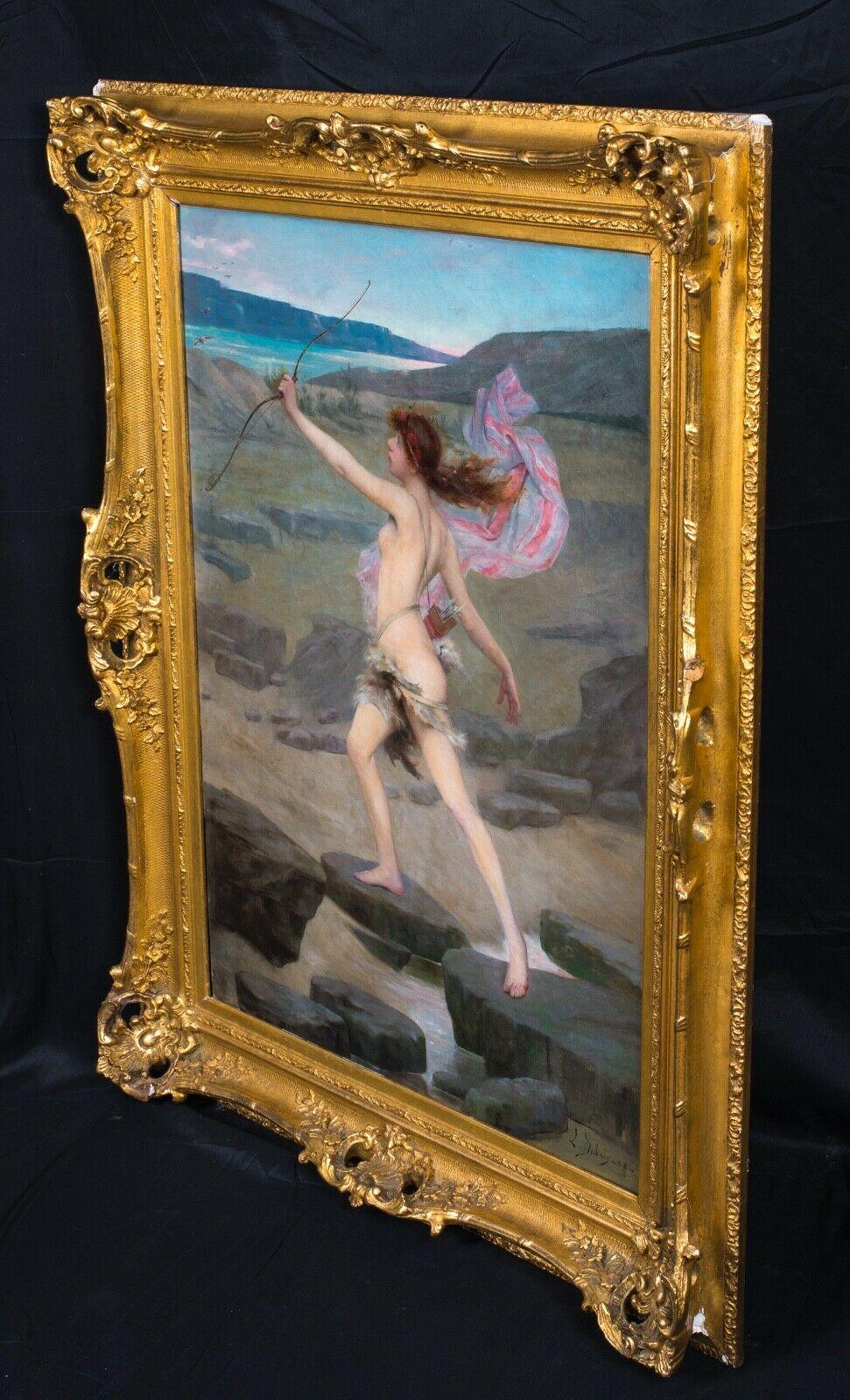 Portrait Of A Nude Girl as Huntress Diana, dated 1888

by Louis Auguste DUBOIS (1846-1890)

Fine large 19th Century French classical scene of a nude girl posing as the Goddess Diana, oil on canvas by Luis Dubois. Beautiful full length side profile