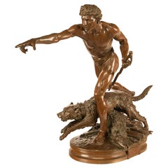 Monumental French Figurative Bronze Statue 'Au Loup' Shepherd Dog Sheep Hunting
