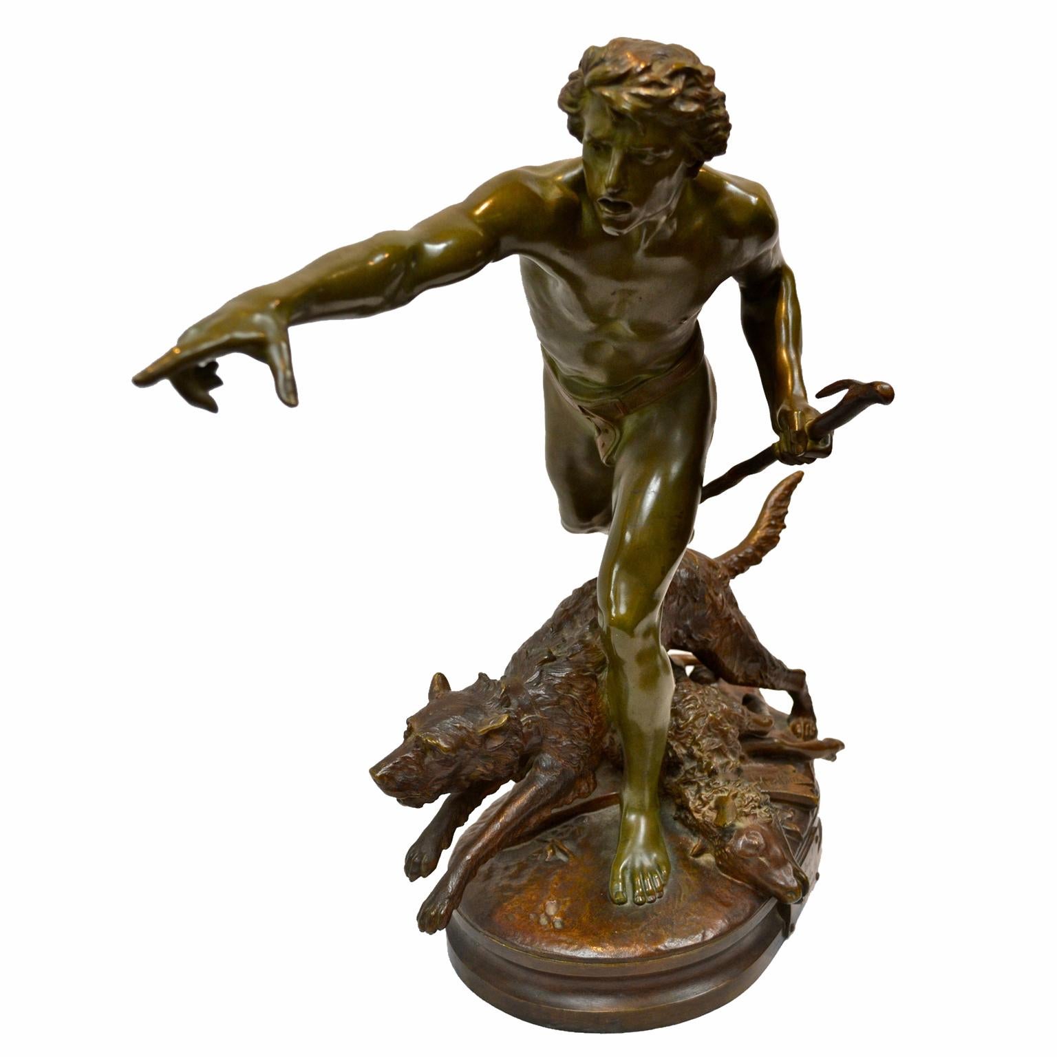 French Louis Auguste Hiolin Bronze Titled “Au Loup” Loup
