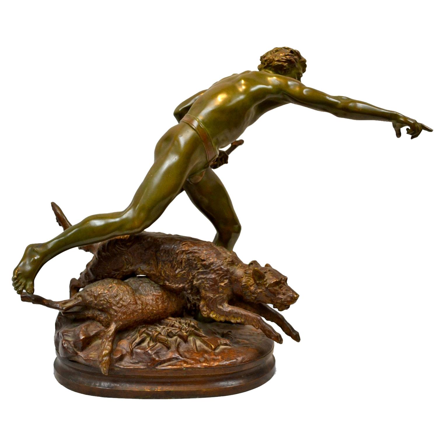 Louis Auguste Hiolin Bronze Titled “Au Loup” Loup