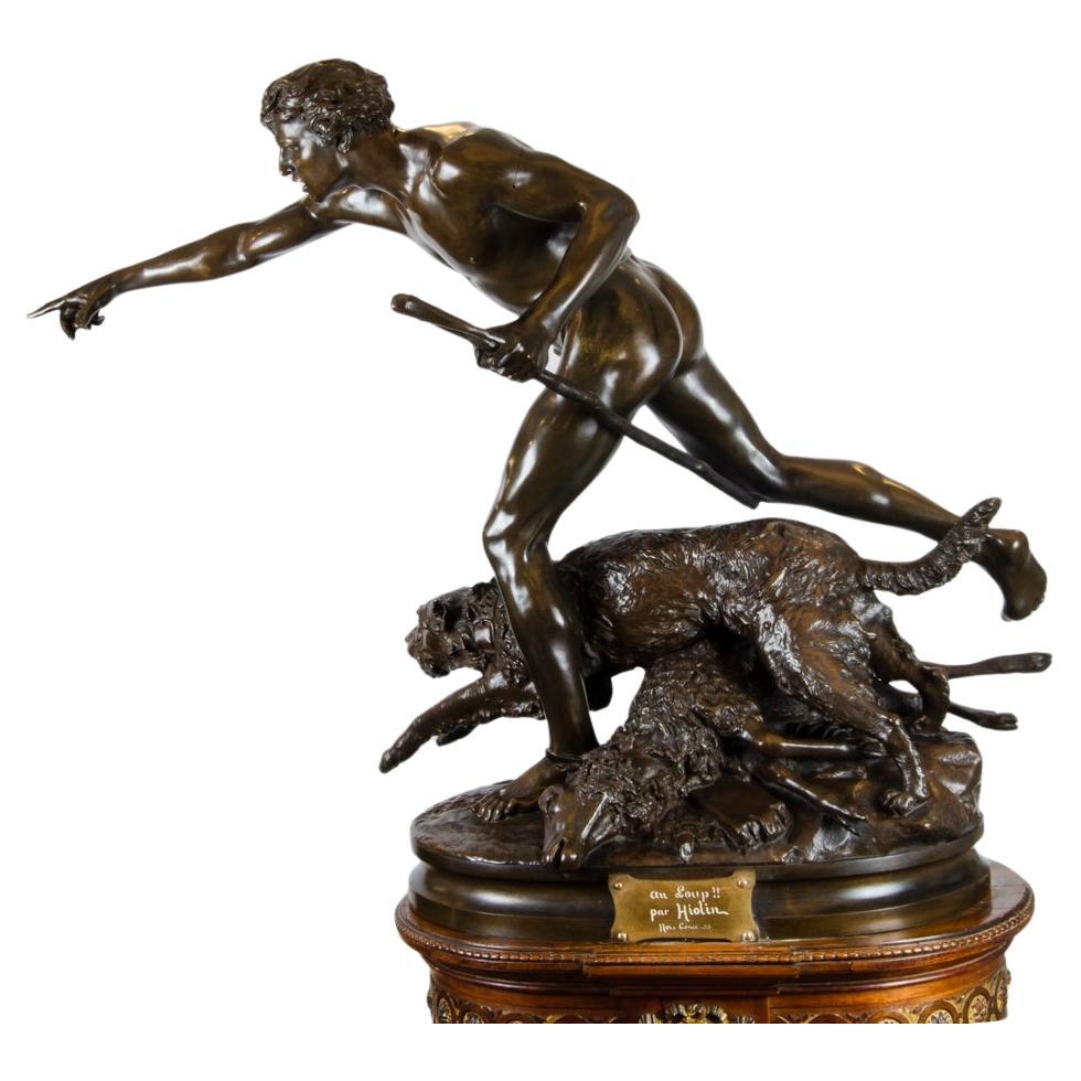 Louis Auguste Hiolin Bronze Titled “Au Loup” Loup For Sale