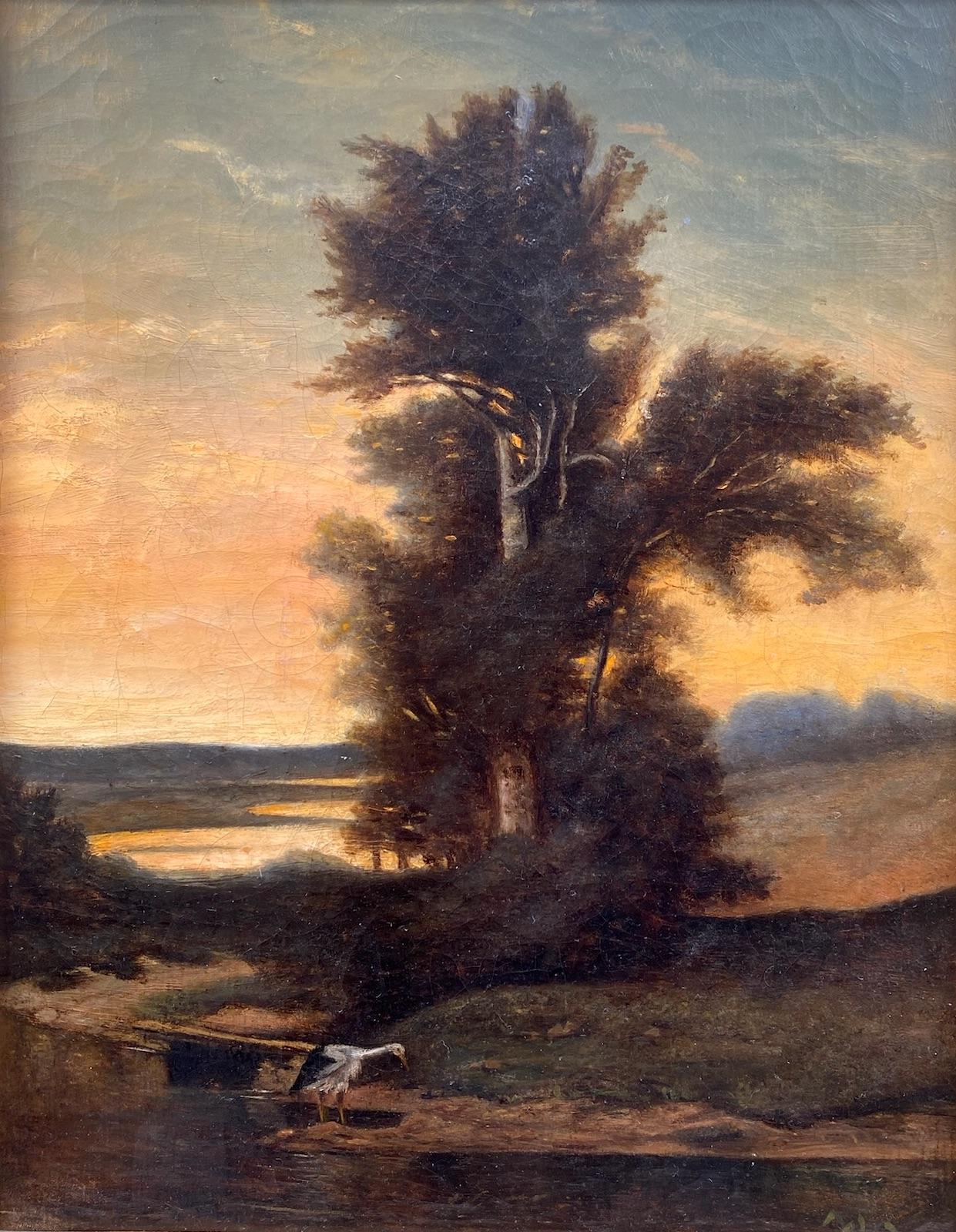 L'airone sul fiume: paesaggio suggestivo della scuola naturalistica del XIX secolo - Painting di Louis Auguste Lapito