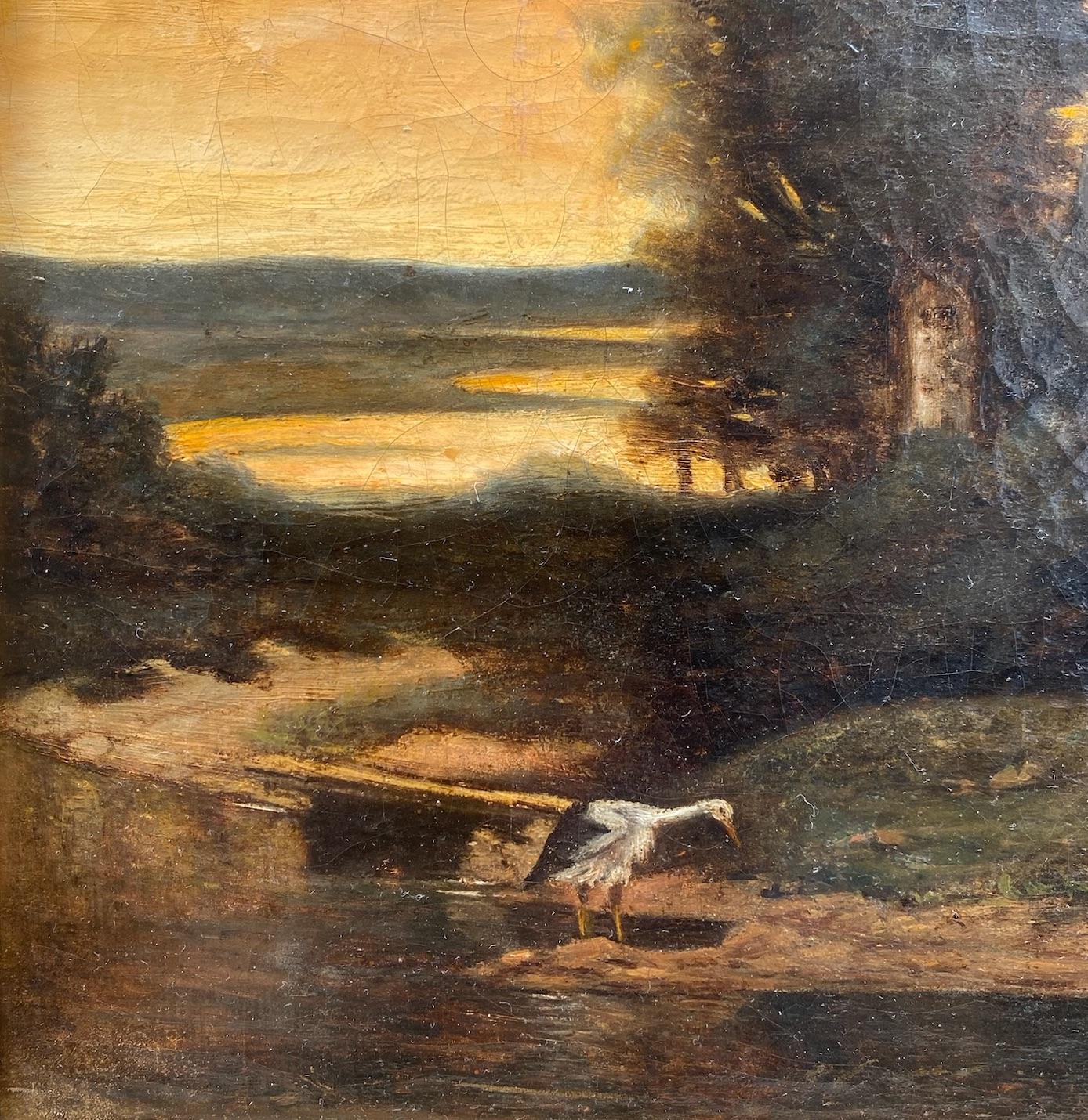 L'airone sul fiume: paesaggio suggestivo della scuola naturalistica del XIX secolo - Painting Naturalismo di Louis Auguste Lapito