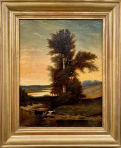 Le héron au bord de la rivière : paysage atmosphérique de l'école naturaliste du 19e siècle