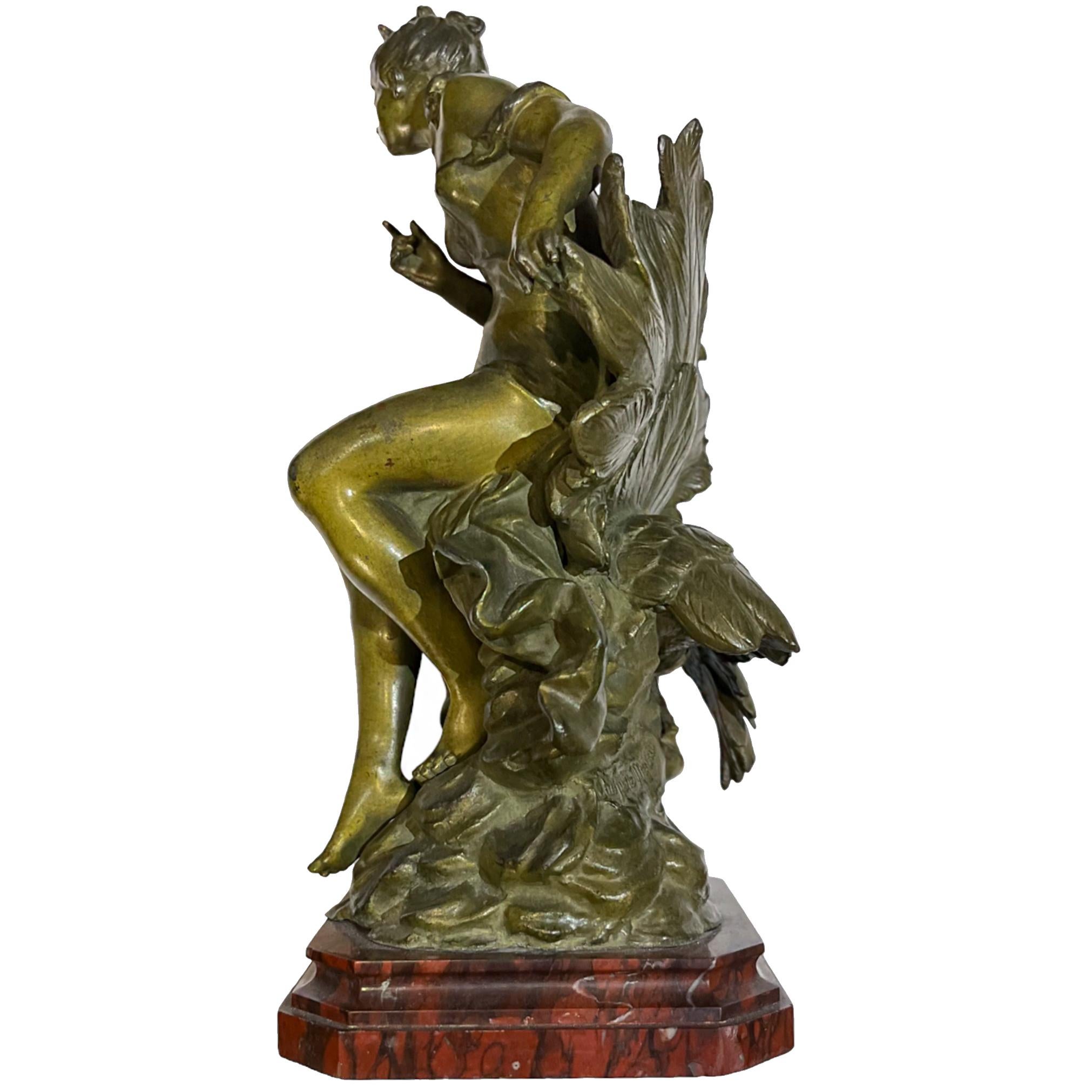 Auguste Moreau   Bronze Sculpture of  Maiden Seated beside a Peacock . For Sale 2