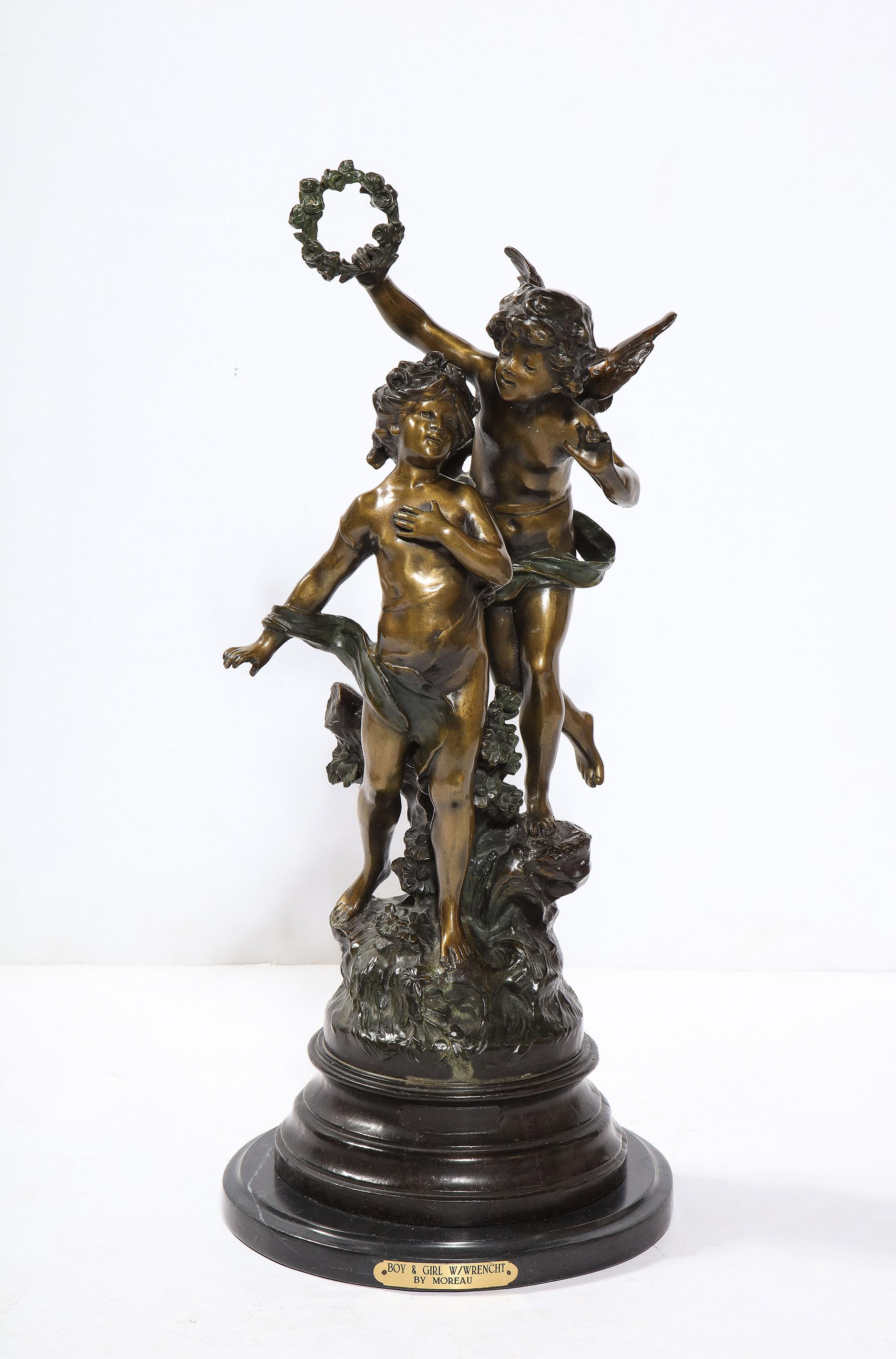 Louis Auguste Moreau Figurative Sculpture – Patinierte Bronzeskulptur von Auguste Moreau, Auguste Moreau