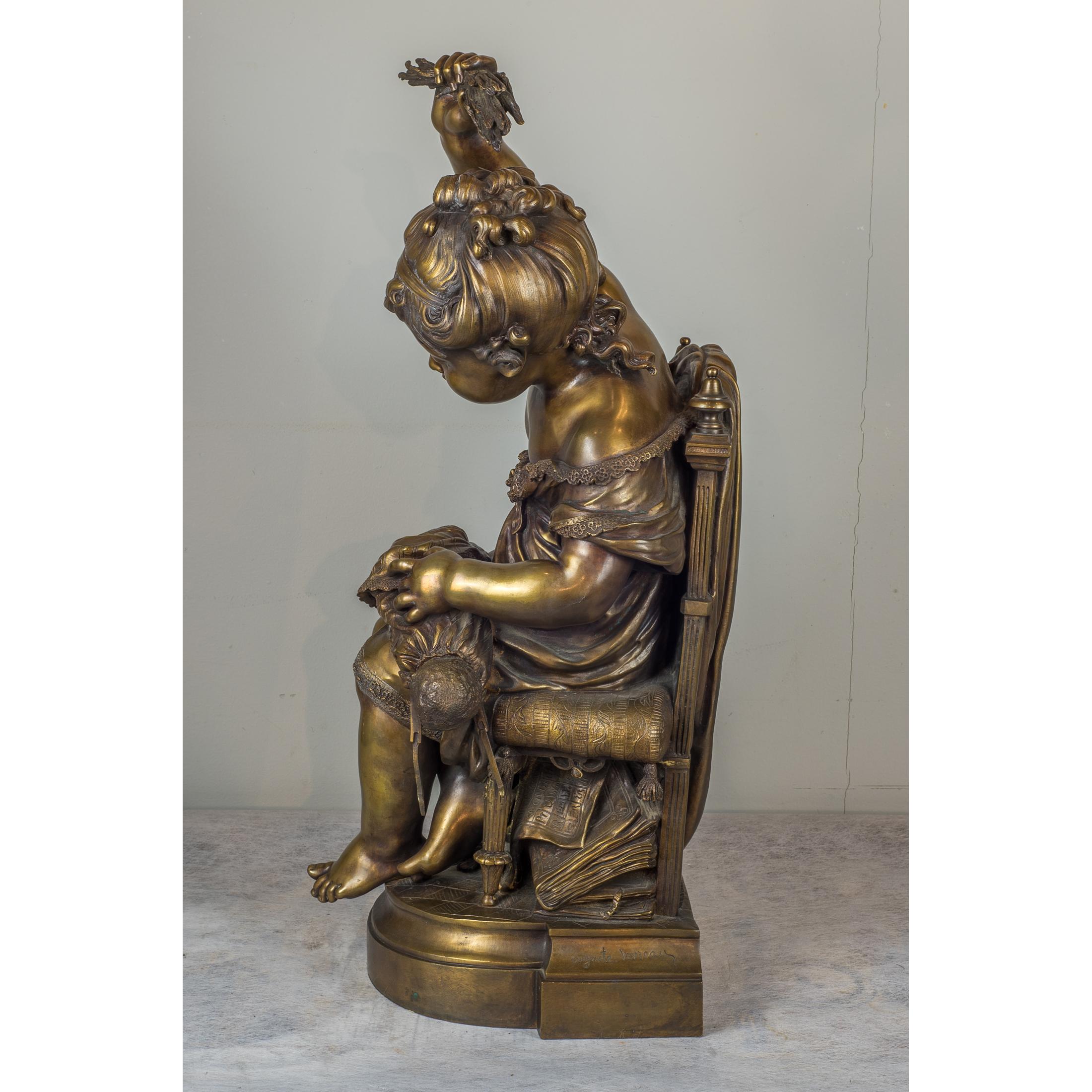 French Patinated Bronze Sculpture of a Girl with Doll by Auguste Moreau - Gold Figurative Sculpture by Louis Auguste Moreau
