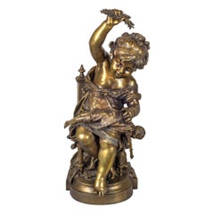 French Patinated Bronze Sculpture of a Girl with Doll by Auguste Moreau