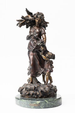 "Mother and Child" Art Nouveau Bronze Sculpture Woman Carrying Harvest Green