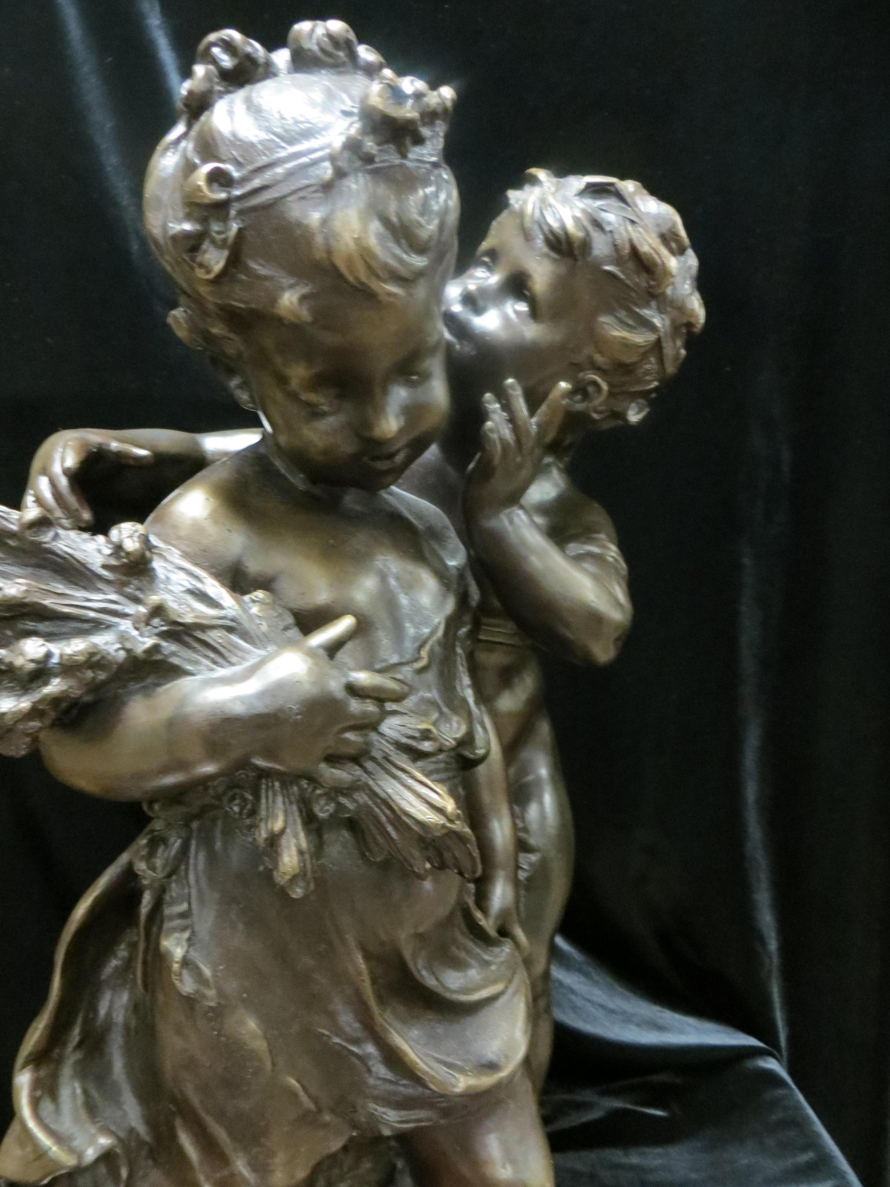 BRONZE SCULPTURE OF 2 CHILDREN AFTER AUGUSTE MOREAU: Les Deux Enfants a la Gerbe de Fleurs, patinated bronze, signed Auguste Moreau, 