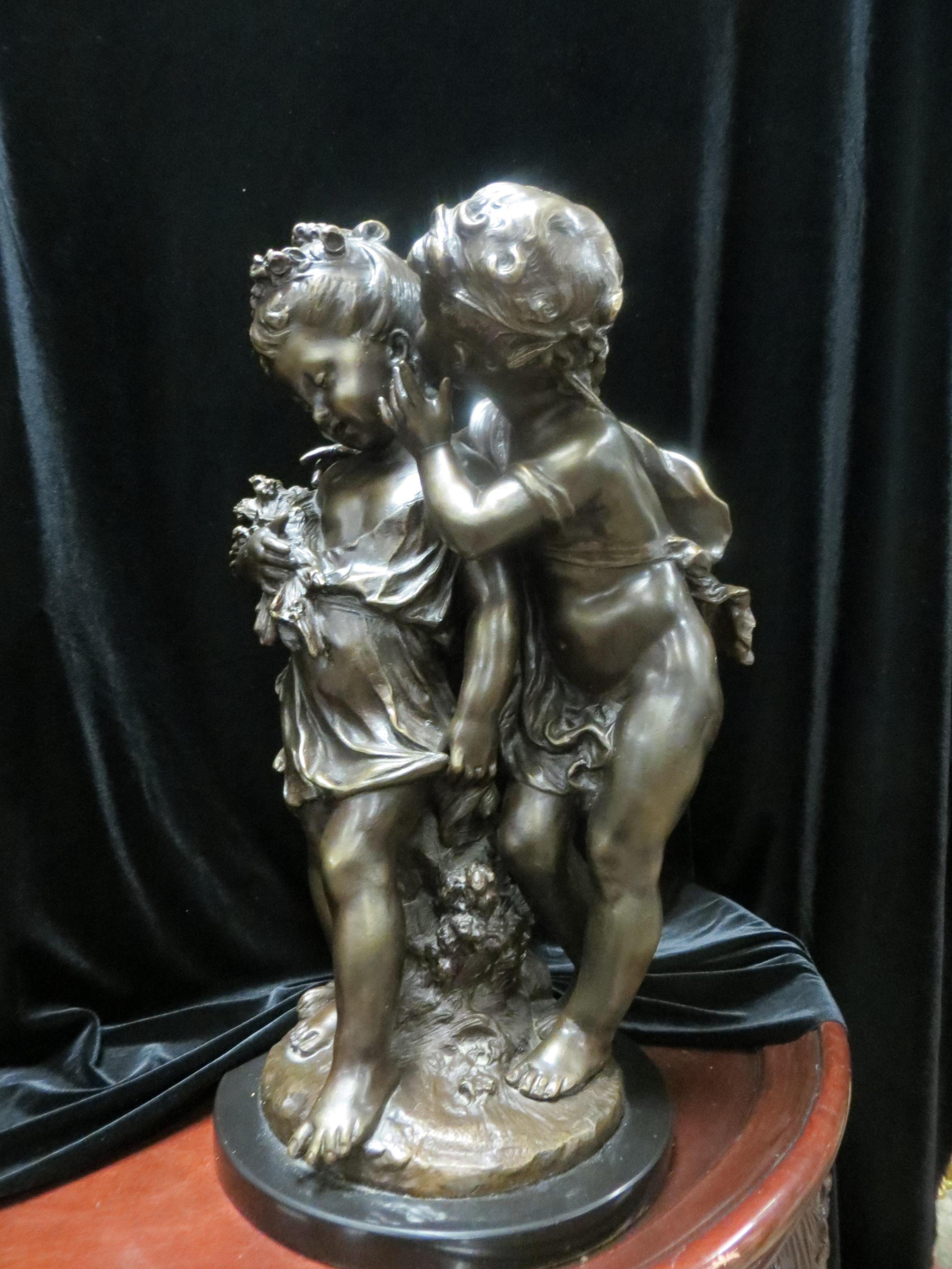 WHISPERING CHILDREN AKA SECRETS BY AUGUSTE MOREAU BRONZE - Sculpture by Louis Auguste Moreau