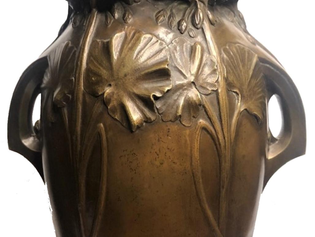 French Louis Auguste Moreau, Set of Two Art Nouveau Bronze & Marble Vases, Ca. 1900