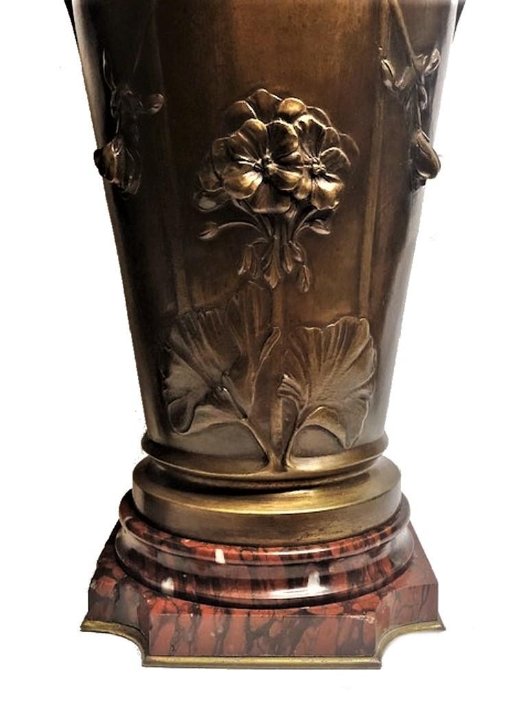 Hand-Crafted Louis Auguste Moreau, Set of Two Art Nouveau Bronze & Marble Vases, Ca. 1900