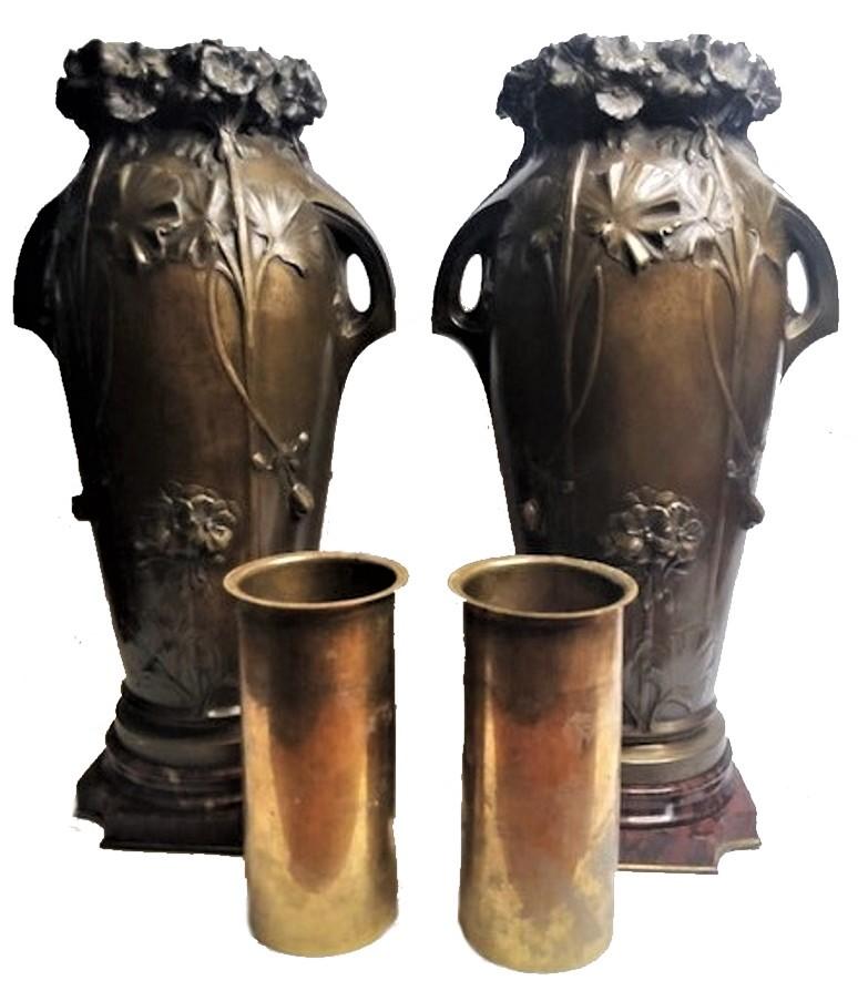 Louis Auguste Moreau, Set of Two Art Nouveau Bronze & Marble Vases, Ca. 1900 2