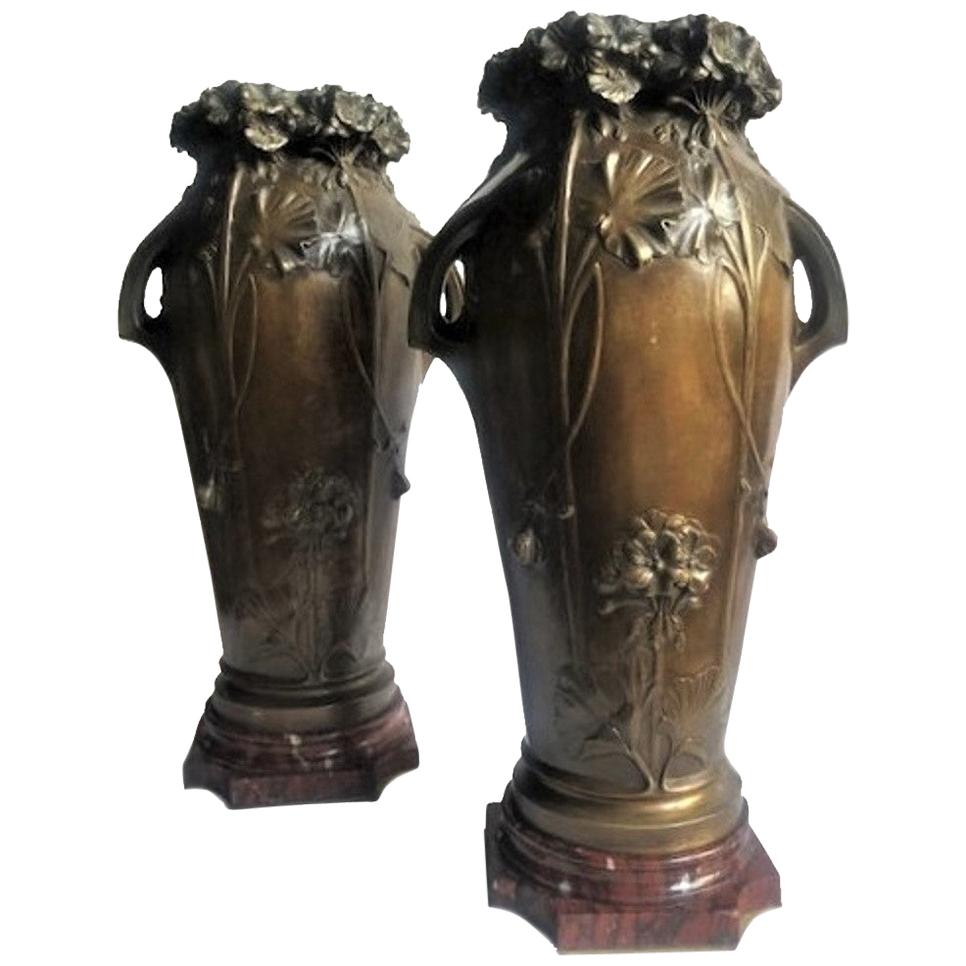 Louis Auguste Moreau, Set of Two Art Nouveau Bronze & Marble Vases, Ca. 1900