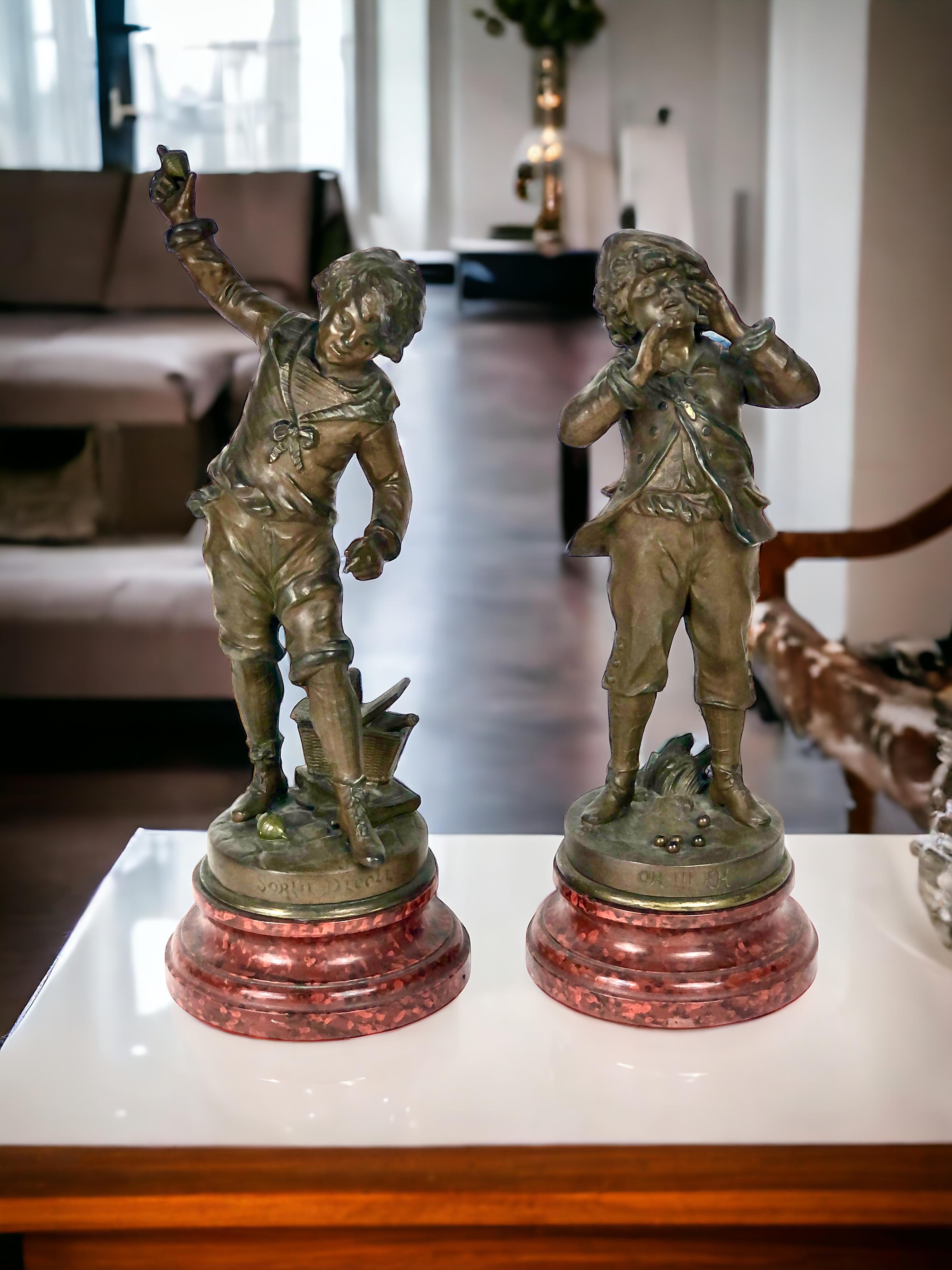 Louis Auguste Moreau Set of Two Boys Spelter Sculptures 19th Century For Sale 9