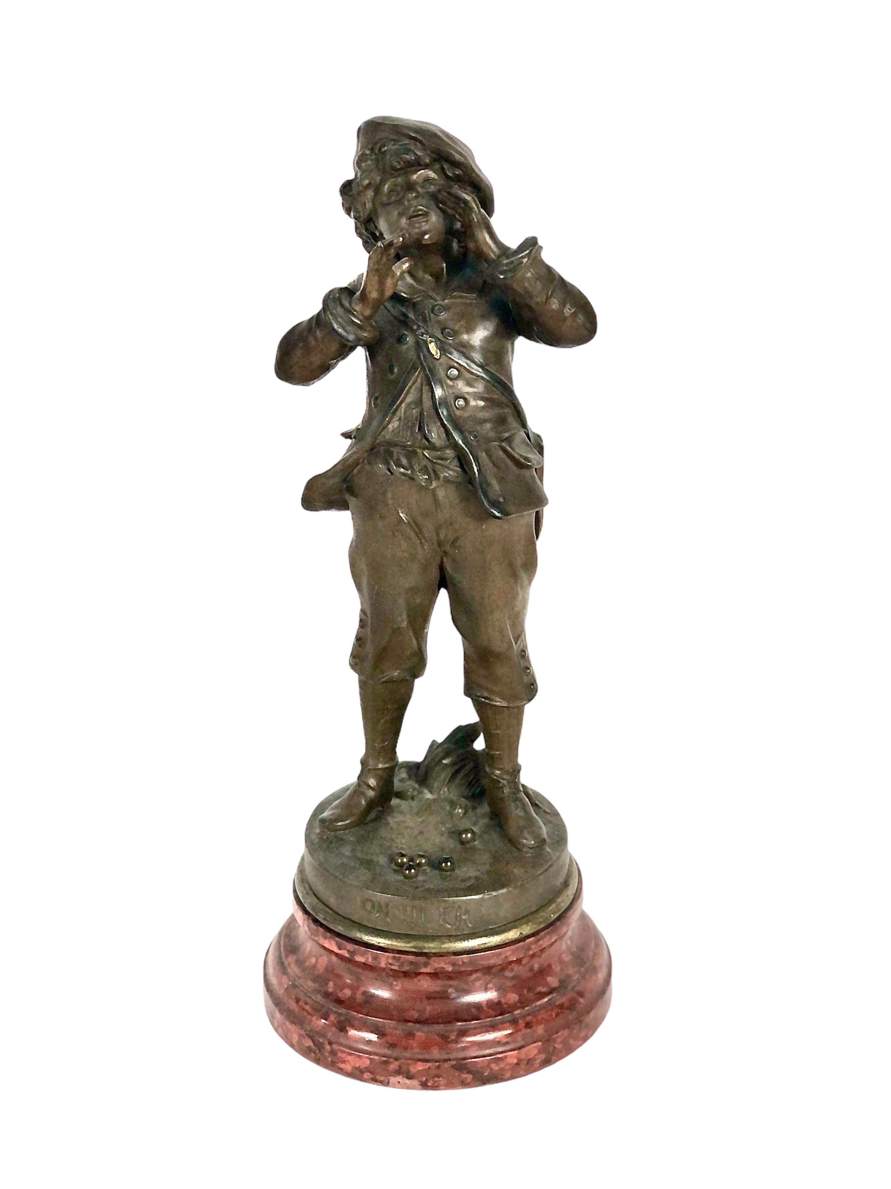 Introducing exquisite 19th-century sculptures by Louis Auguste Moreau on 1stdibs. “Sortie d’école” depicts a joyful boy with a spinning top, clad in a charming outfit, standing on a red faux marble-painted wooden base. Beside him, “Oh !!! Eh”